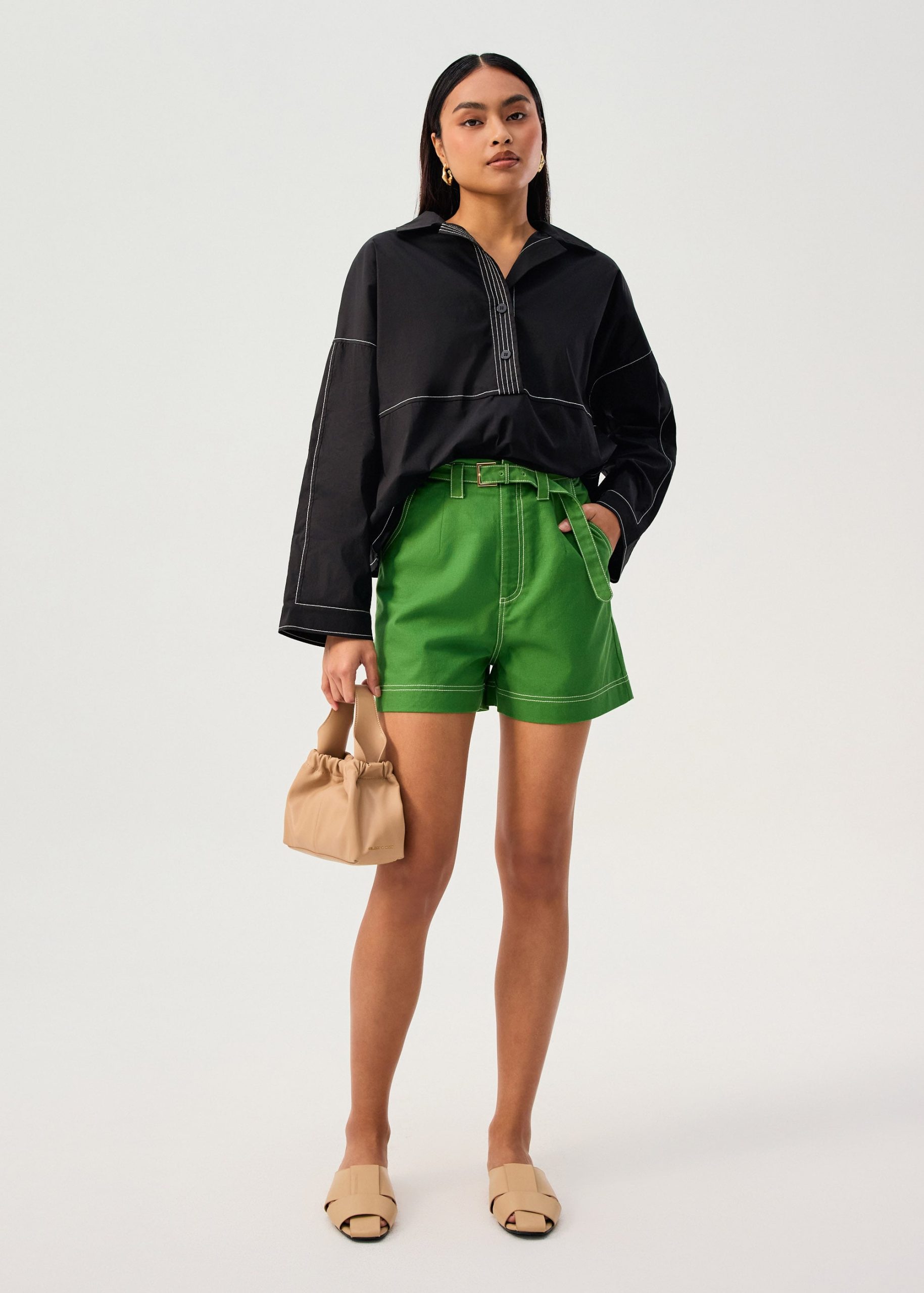 Relaxed Contrast Stitch Cotton Collared Shirt - Image 4