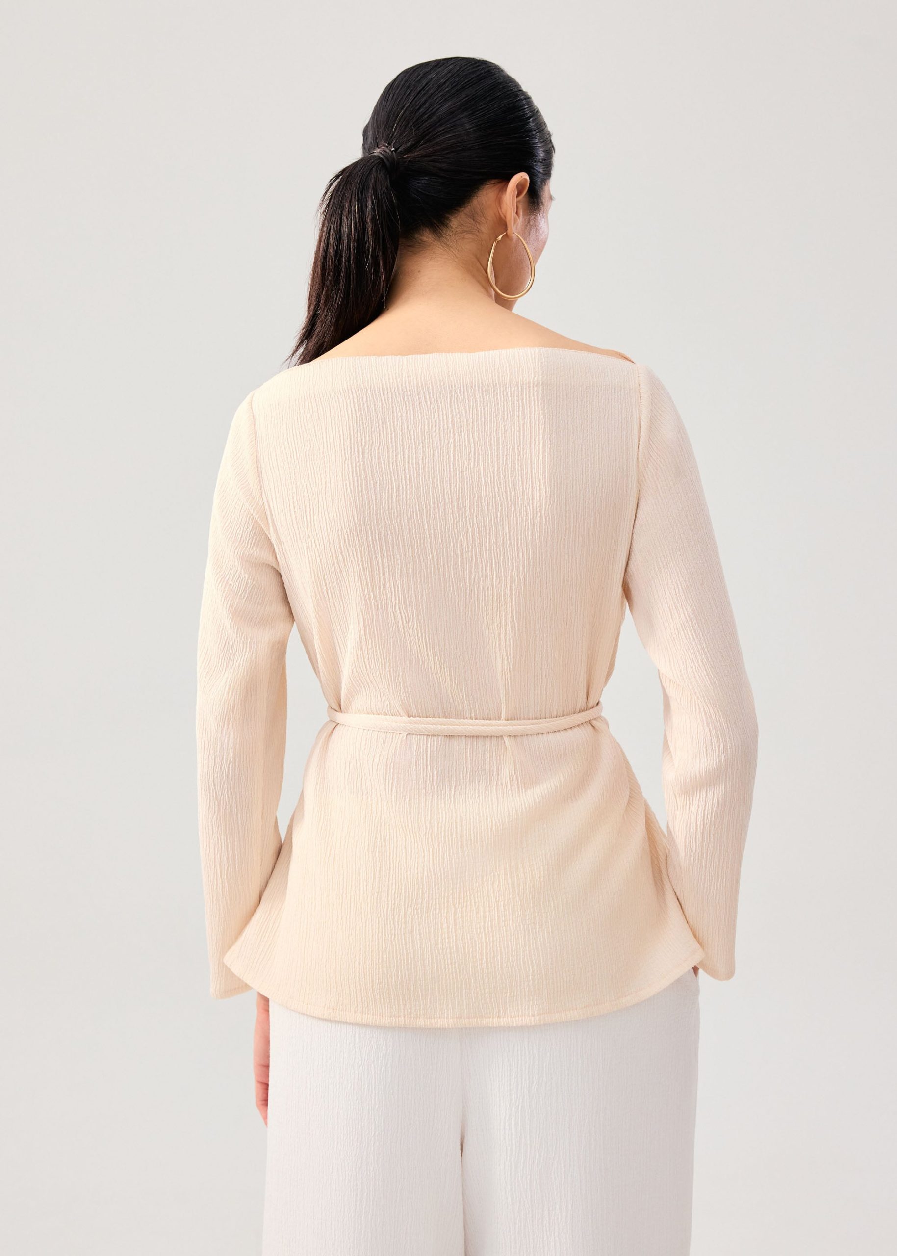 Sash Tie Crinkled Boat Neck Top - Image 11