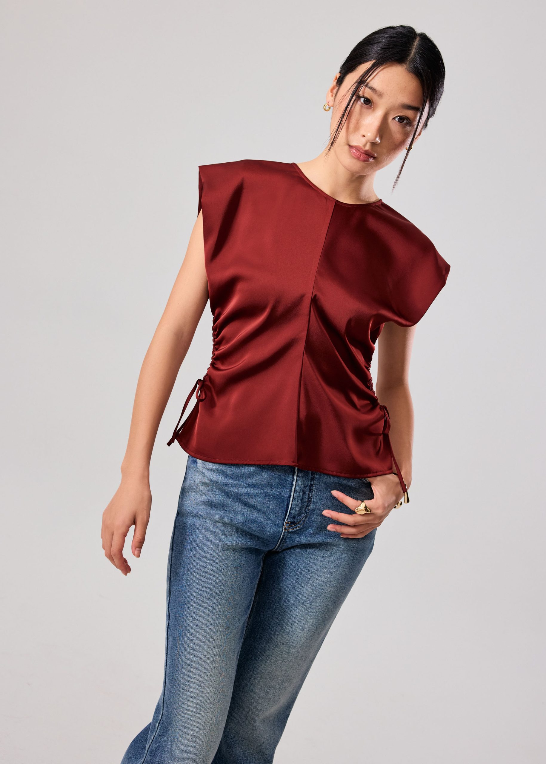 Ananya Side Ruching Satin Round Neck Top - Image 8