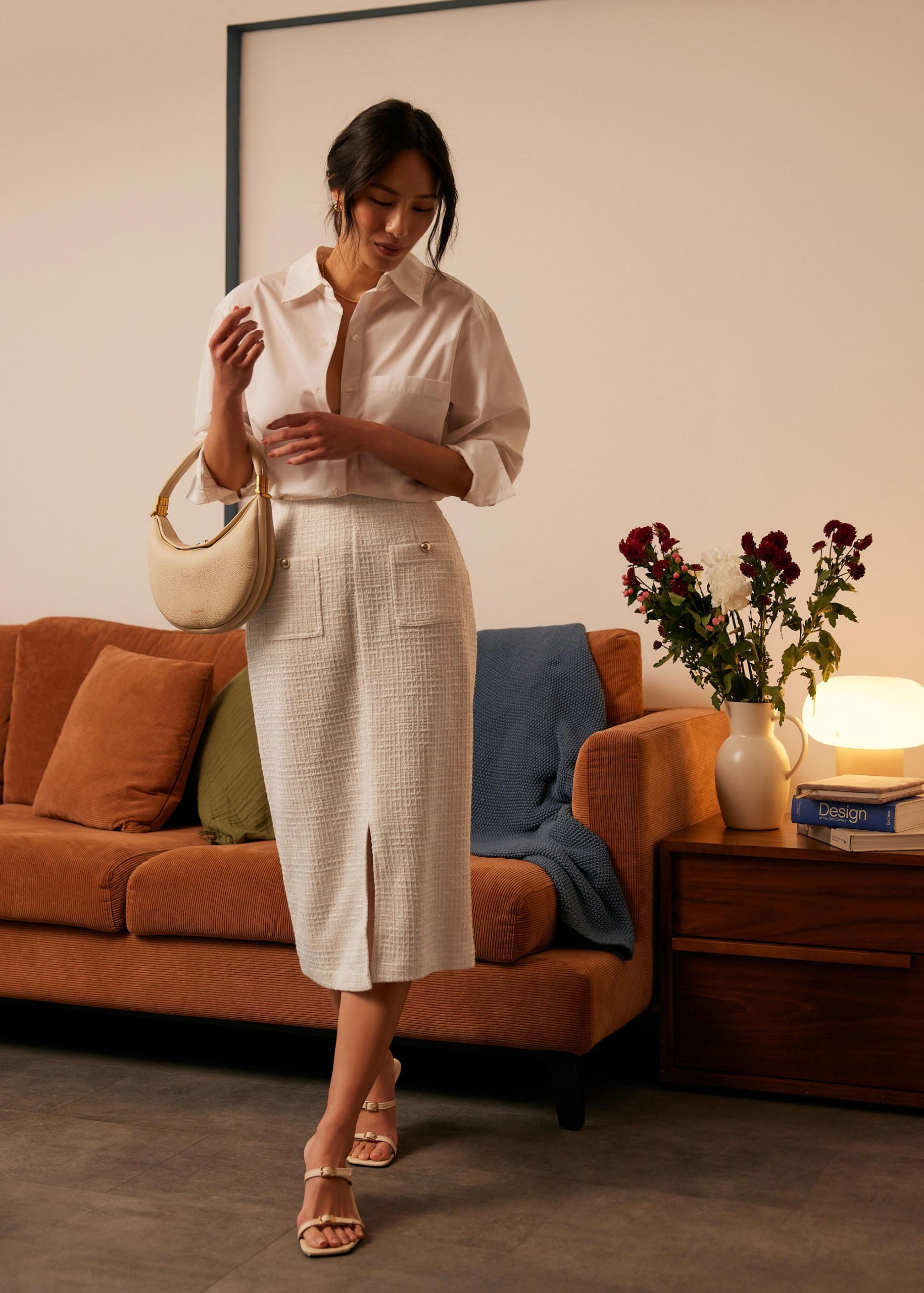 High Waist Tweed Column Midi Skirt - Image 5