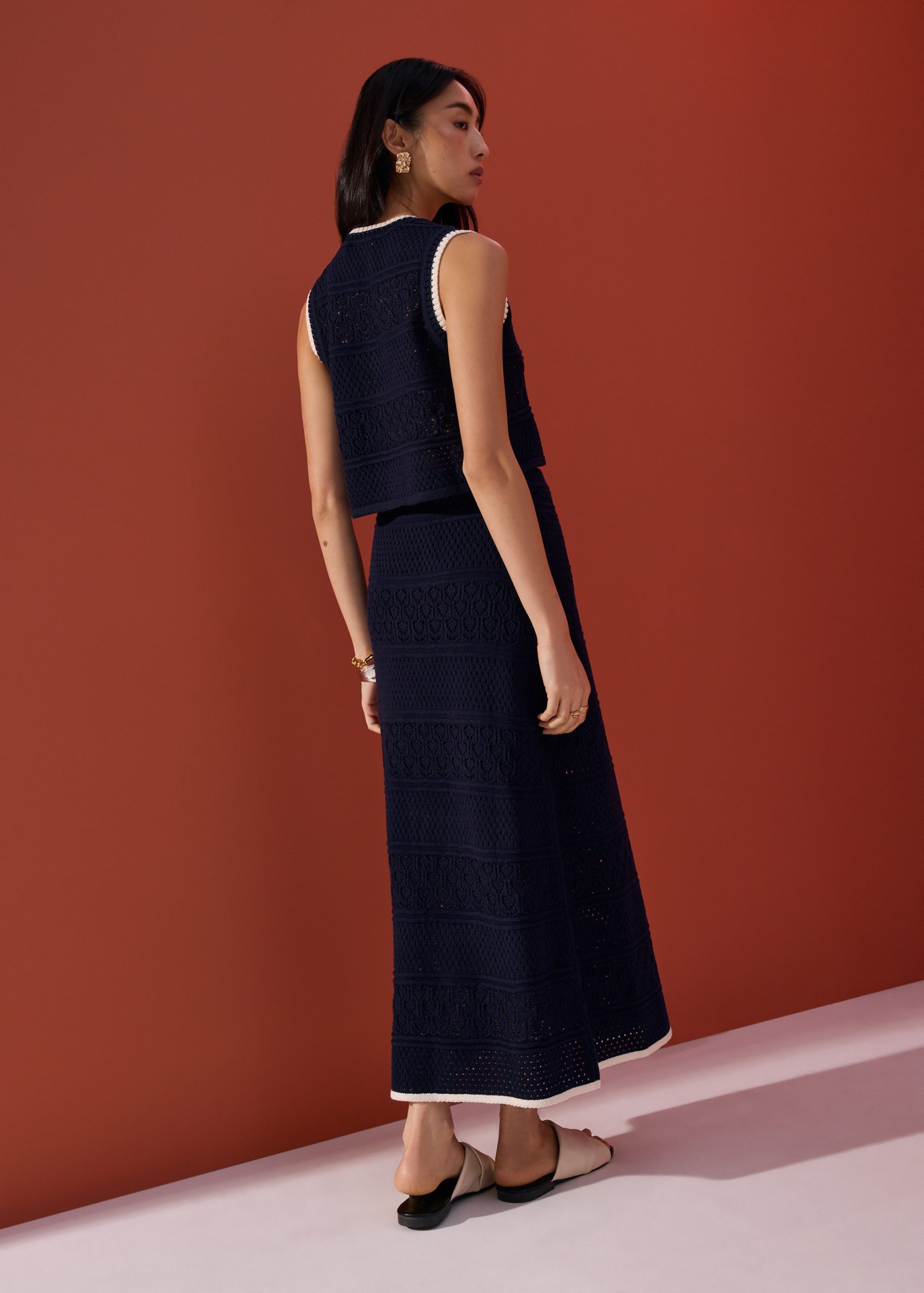 Pointelle Contrast Knit High Waist Column Midaxi Skirt - Image 11