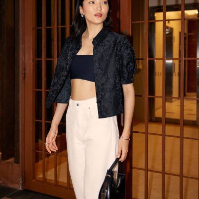 Brocade Collared Puff Sleeve Top