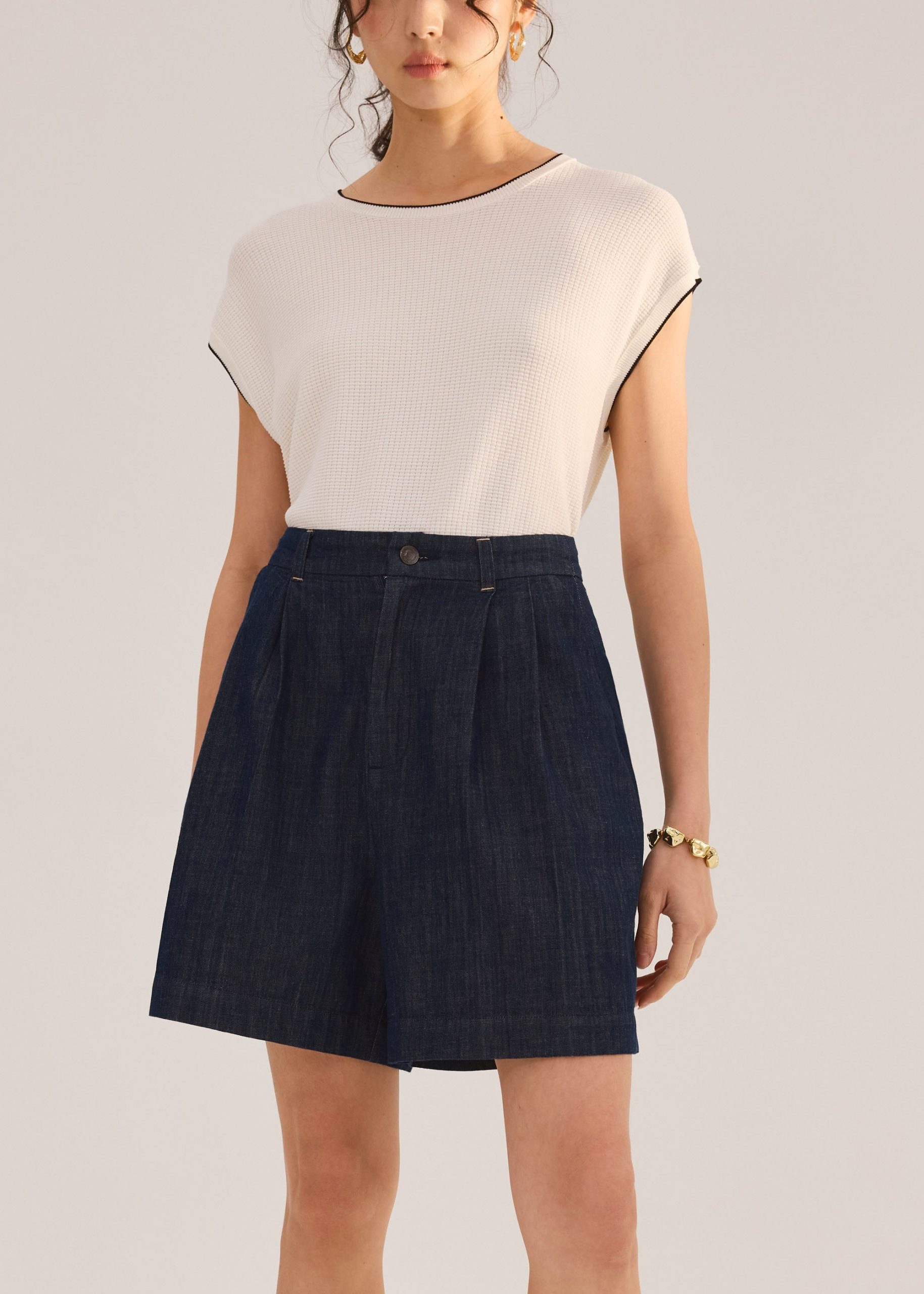 Denim Front Pleat A-Line Bermuda Shorts - Image 3