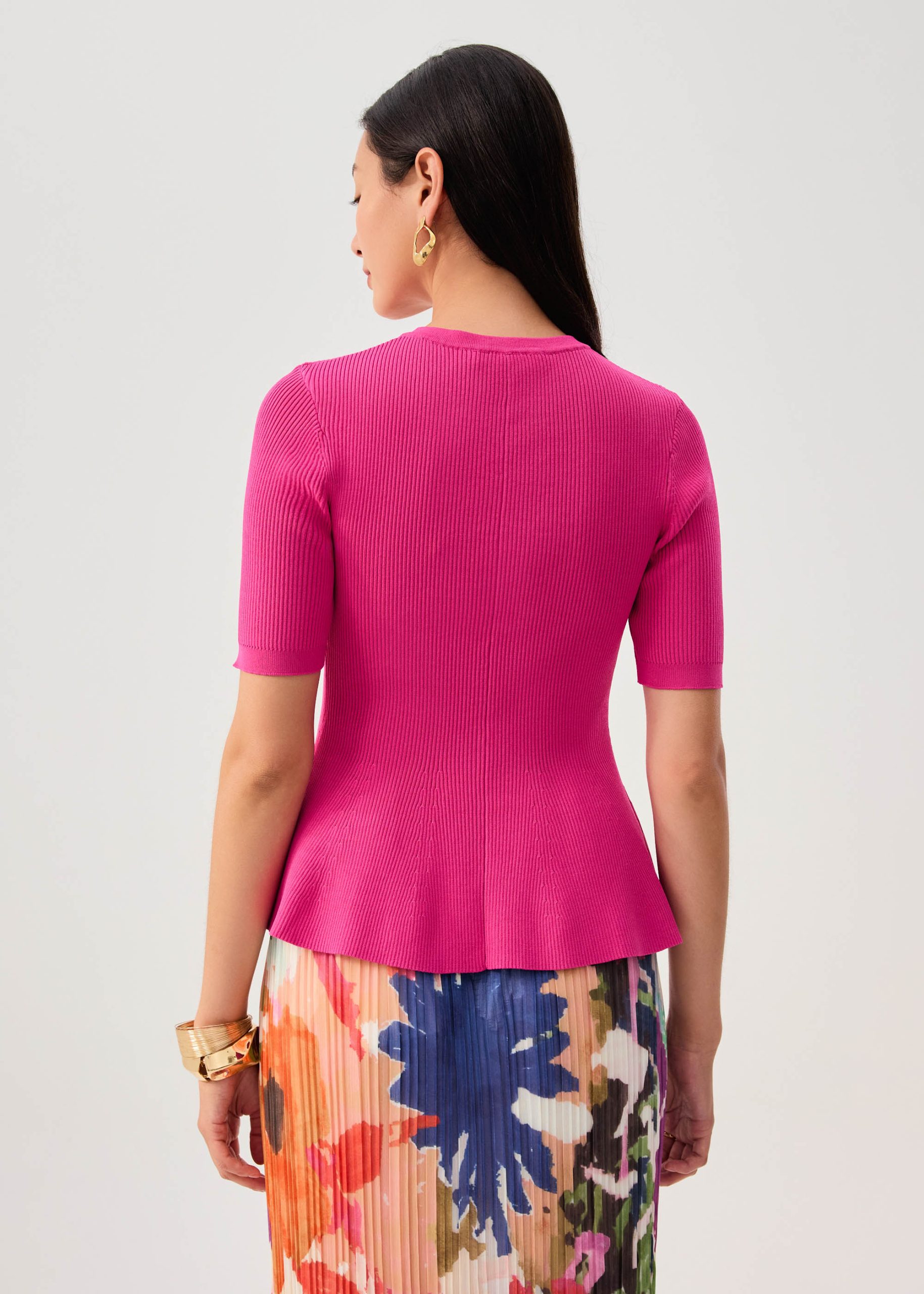 Ribbed Knit Round Neck Peplum Top - Image 9