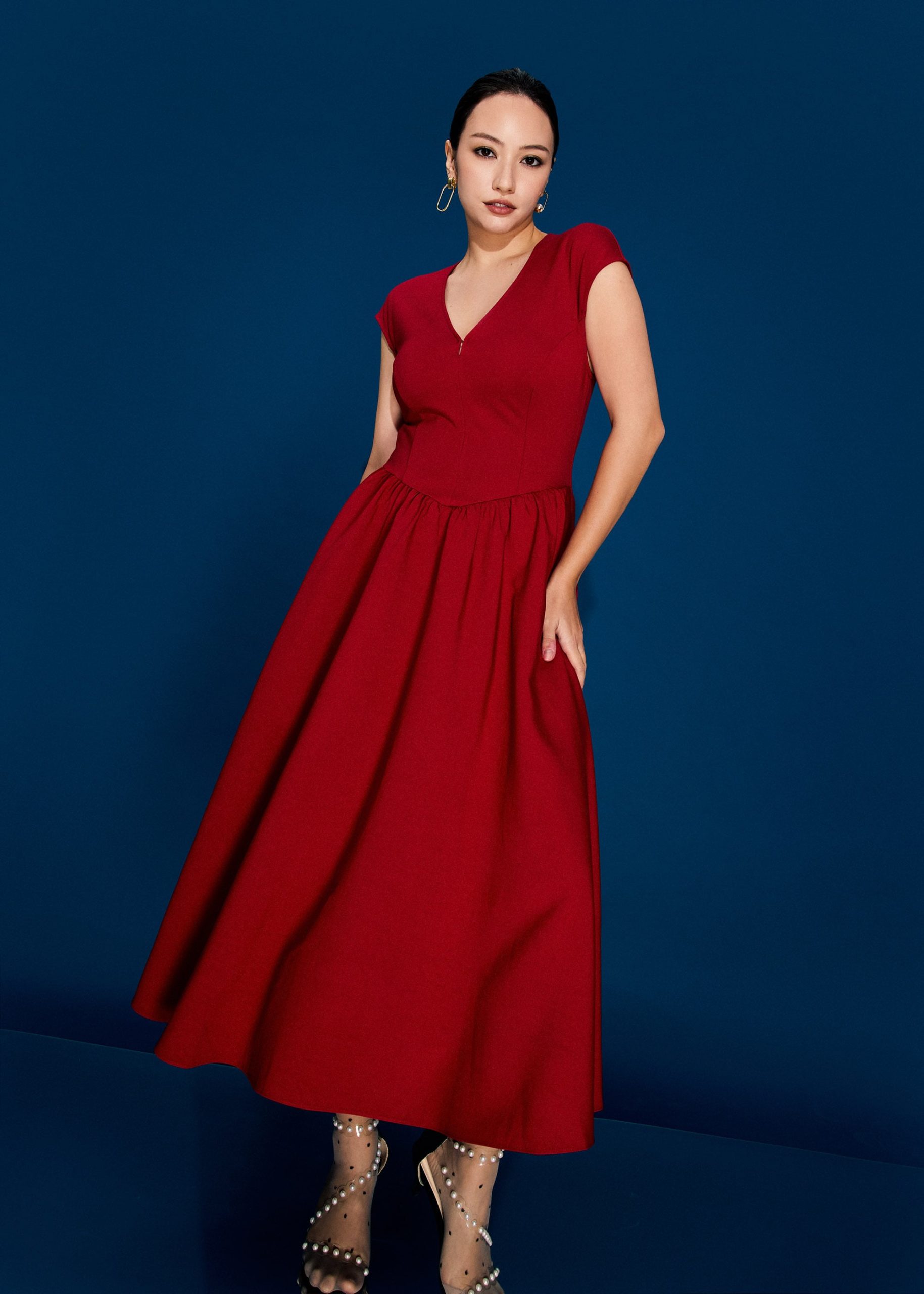 Panelled Mixed Fabric V-Neck Fit & Flare Midaxi Dress