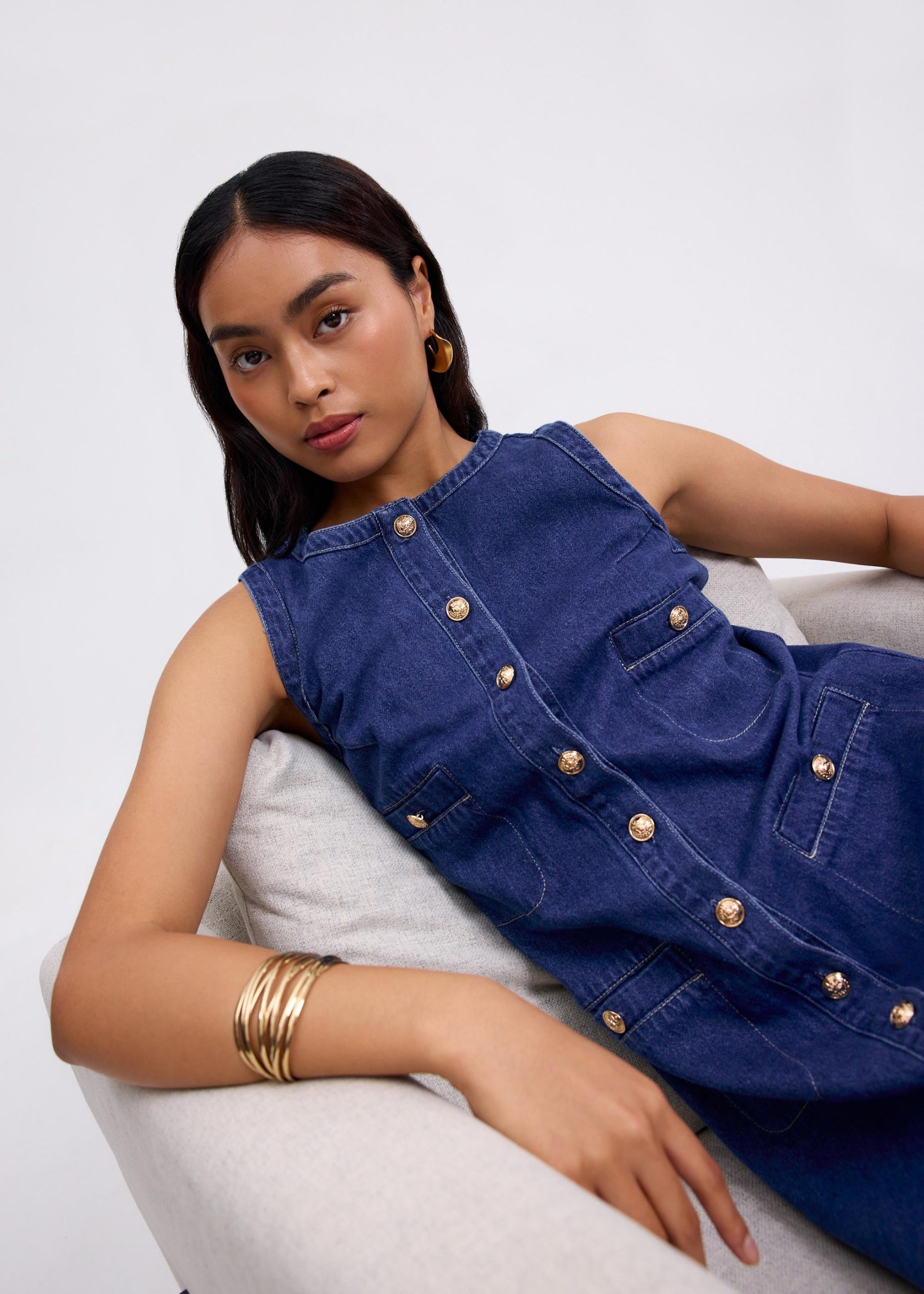 Denim Round Neck Shift Mini Dress - Image 4