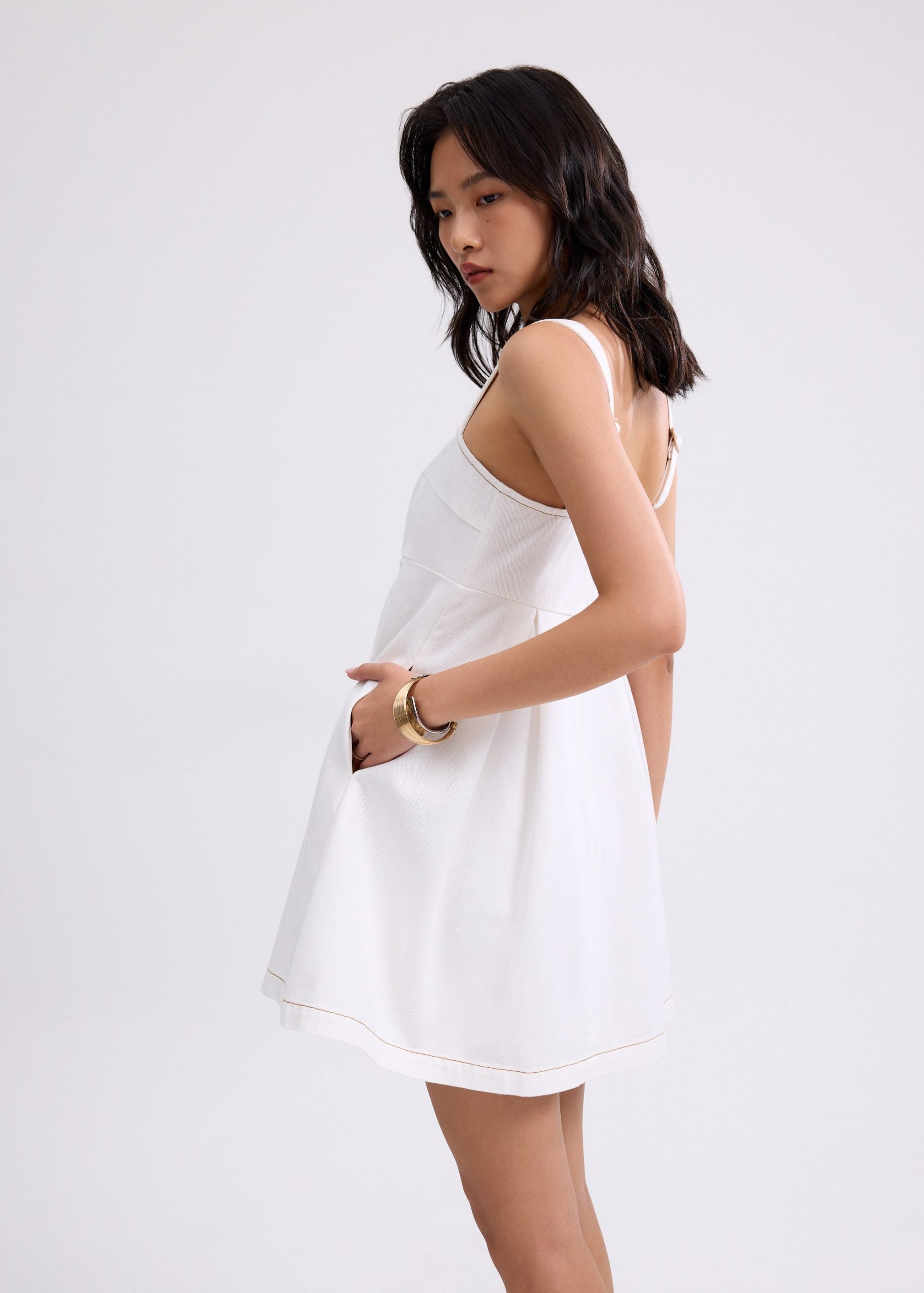 Denim Straight Neck Babydoll Mini Dress - Image 5