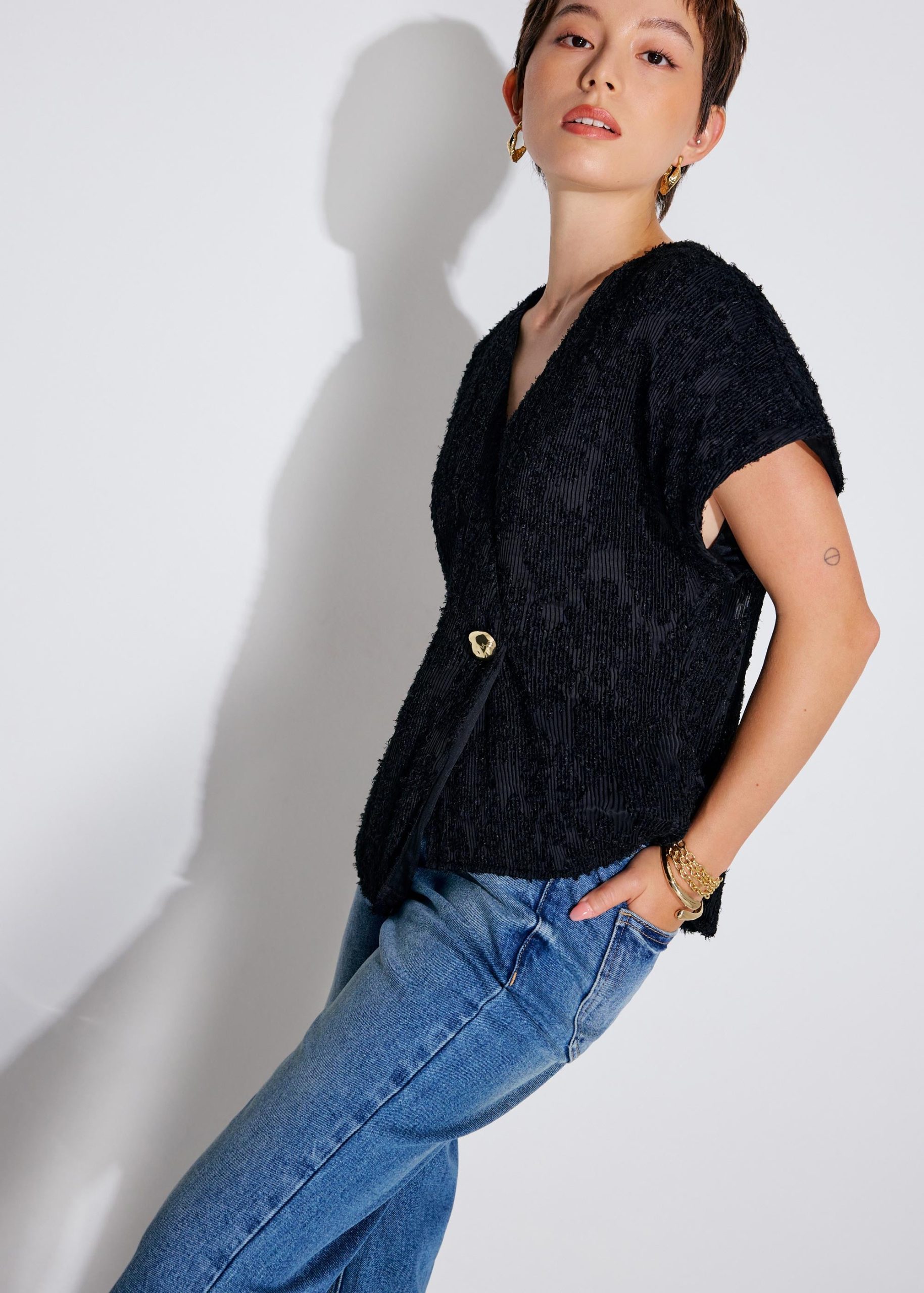 Sonam Textured V-neck Drop Sleeve Top - Image 2