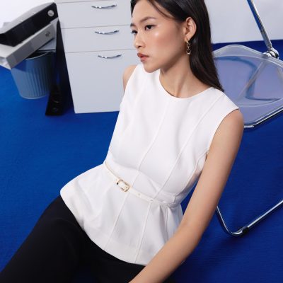 Jiang Belted Panelled Round Neck Peplum Top