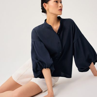 Relaxed Cotton Button Down Collared Puff Sleeve Top