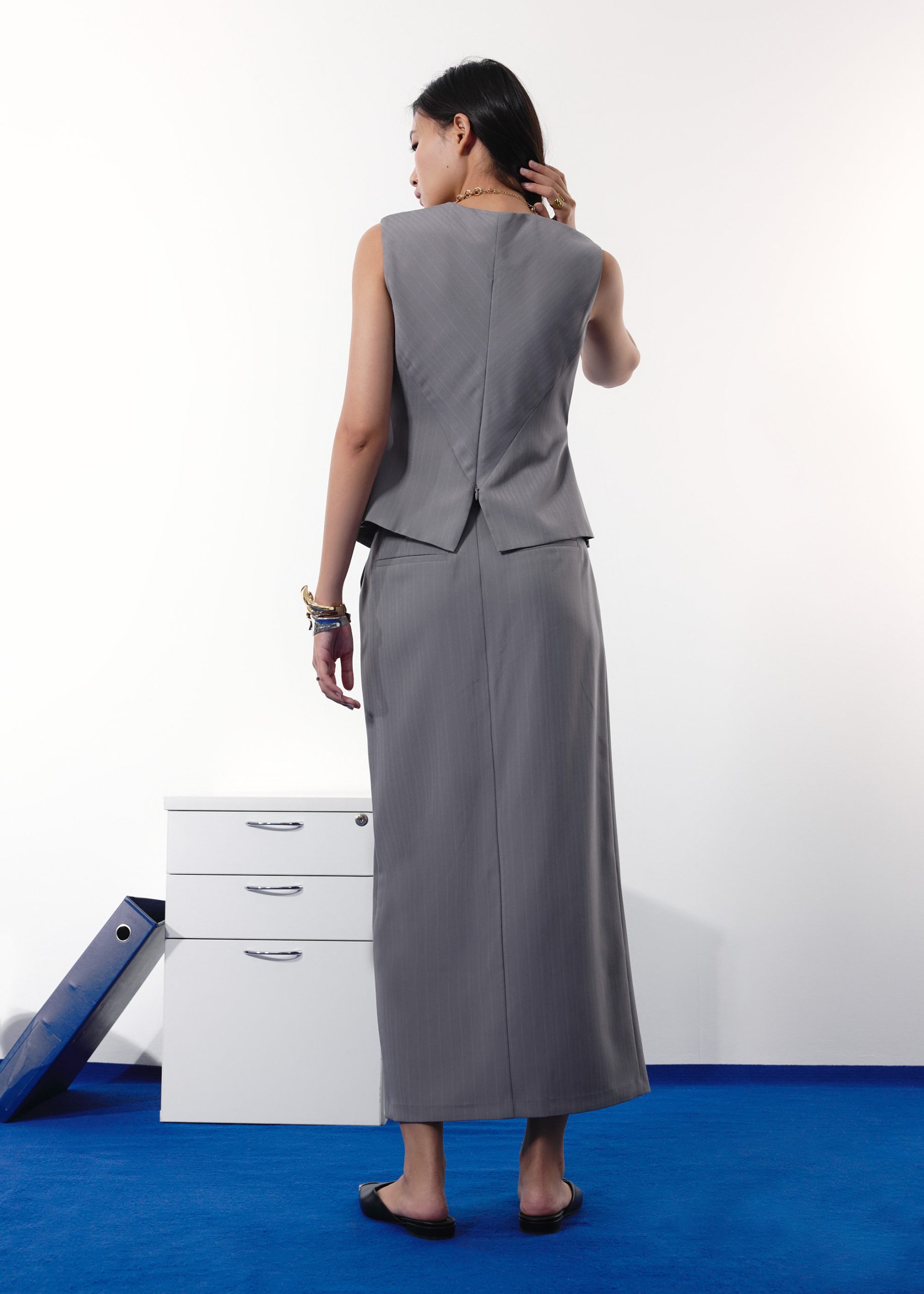 Blake Tailored Pinstripe Front Slit Column Maxi Skirt - Image 2