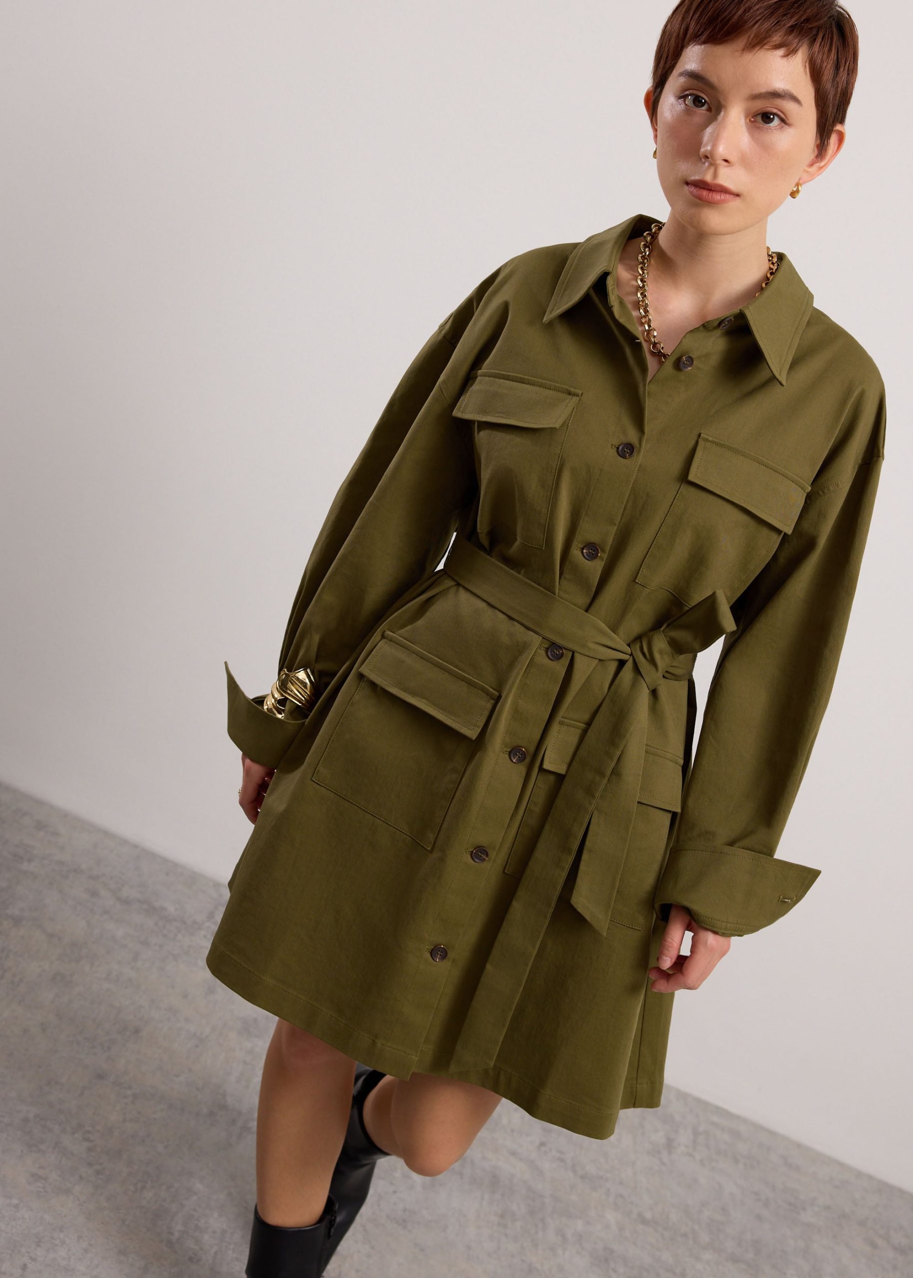 Oversized Cotton Twill Button Down Utility Shirt Dress - Image 3