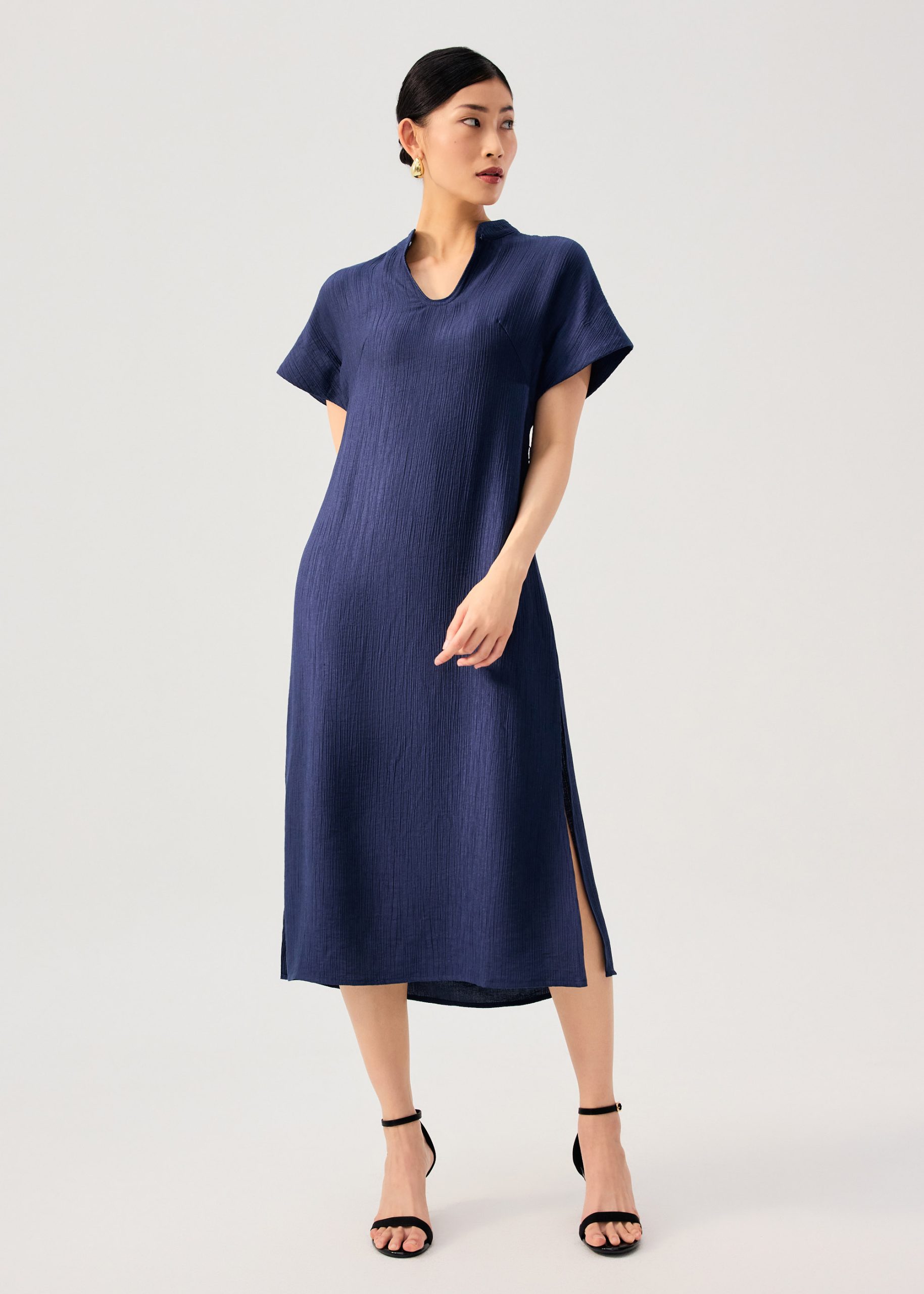 Detachable Sash Tie Crinkled Mandarin Collar Column Midi Dress - Image 4