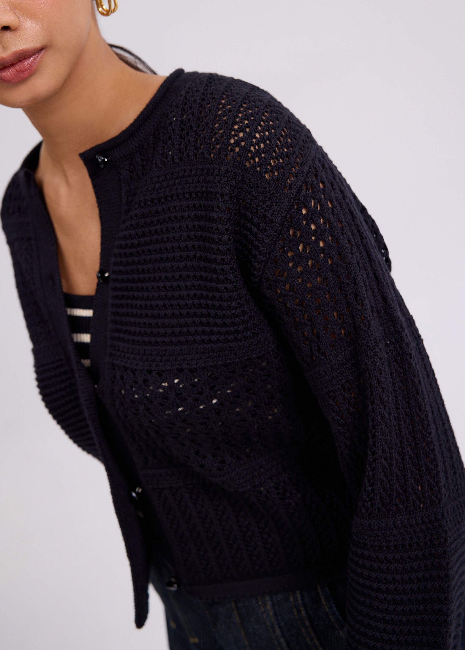 Relaxed Pointelle Knit Round Neck Cardigan - Image 5