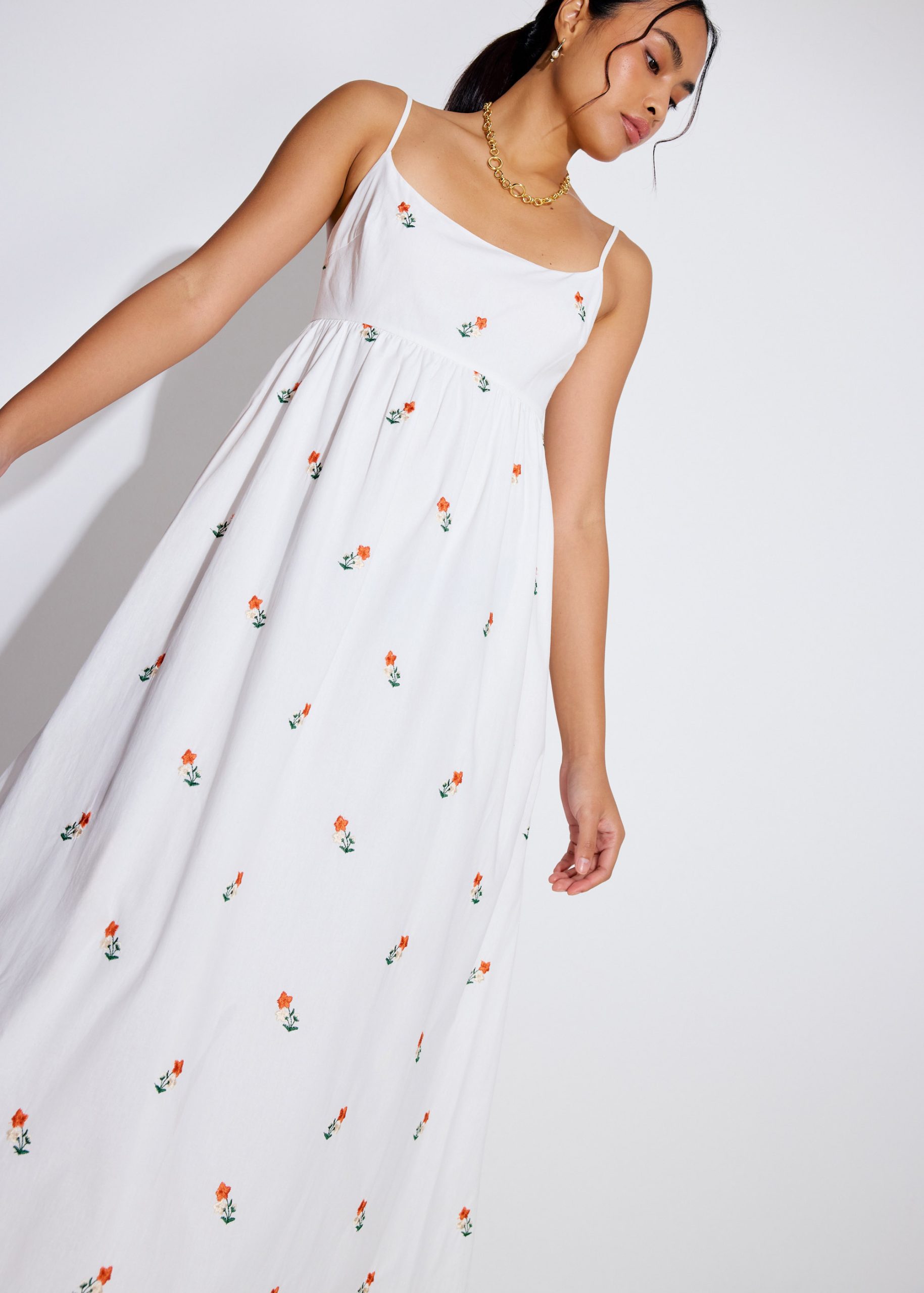 Cotton Floral Embroidery Camisole Fit & Flare Maxi Dress - Image 6
