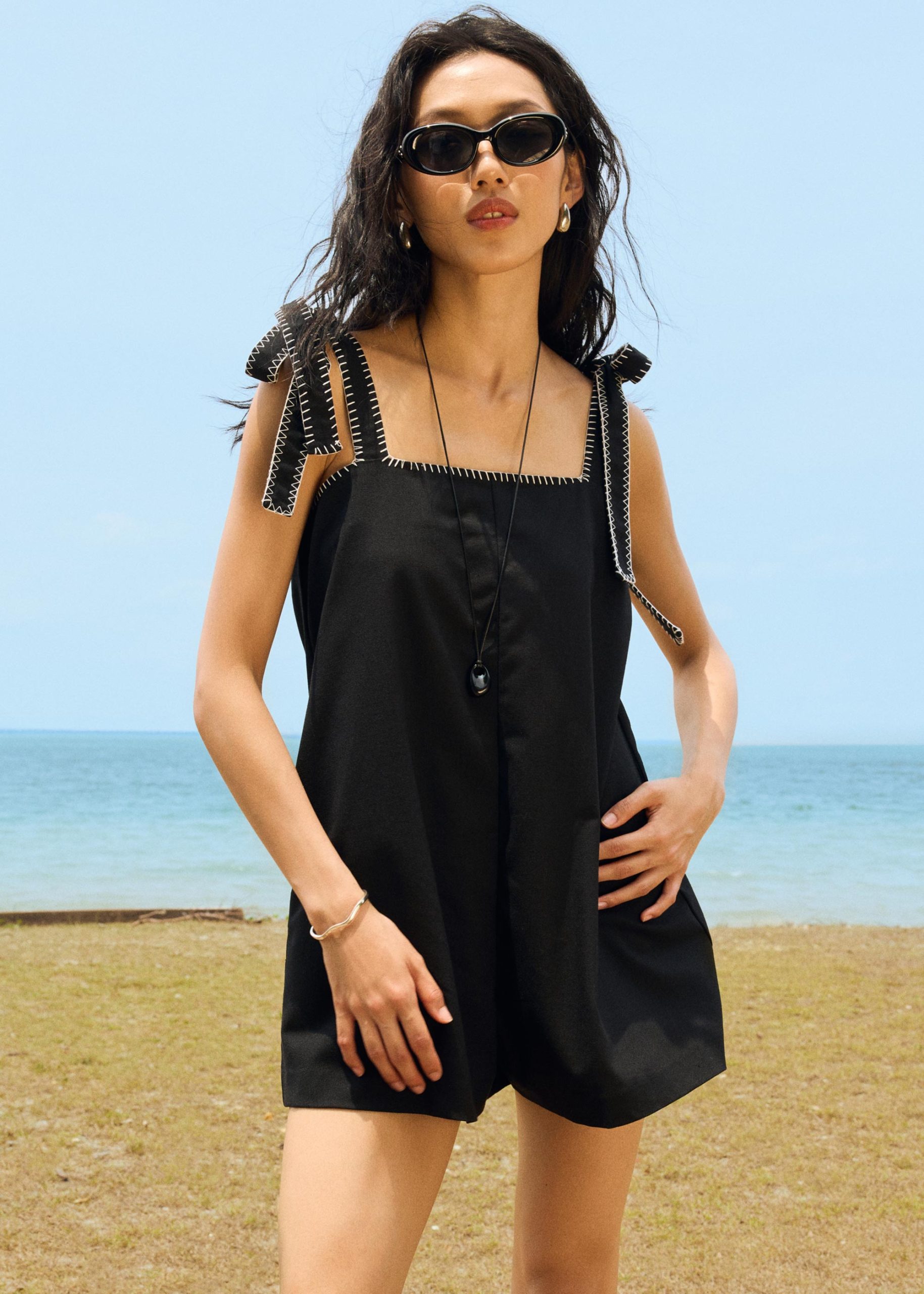 Blanket Stitch Shoulder Tie Romper