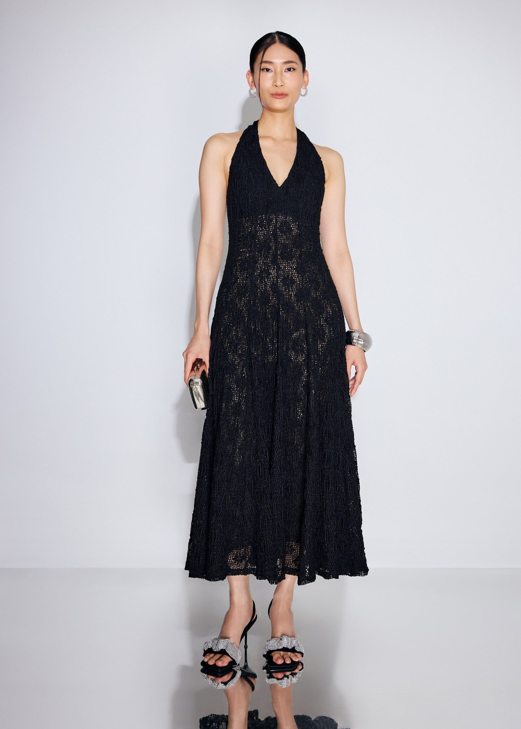 Crochet Halter Plunge Fit & Flare Midaxi Dress - Image 3