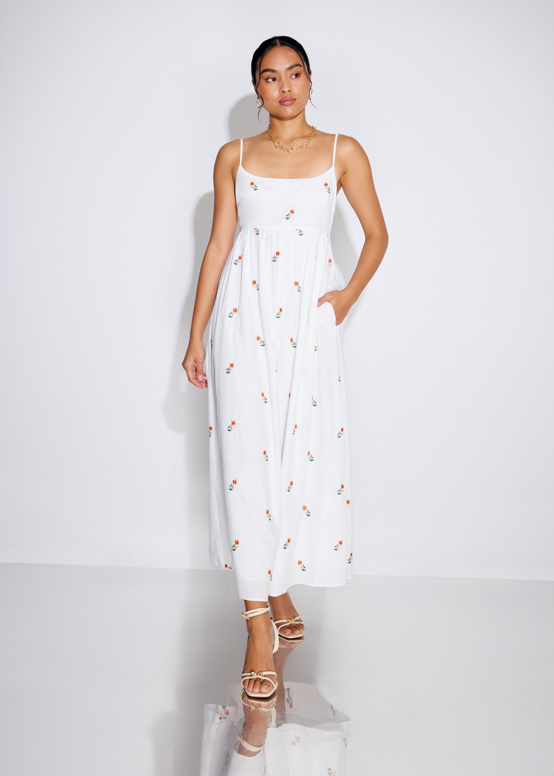 Cotton Floral Embroidery Camisole Fit & Flare Maxi Dress