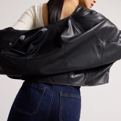 Relaxed Vegan Leather Collarless Button Down Jacket