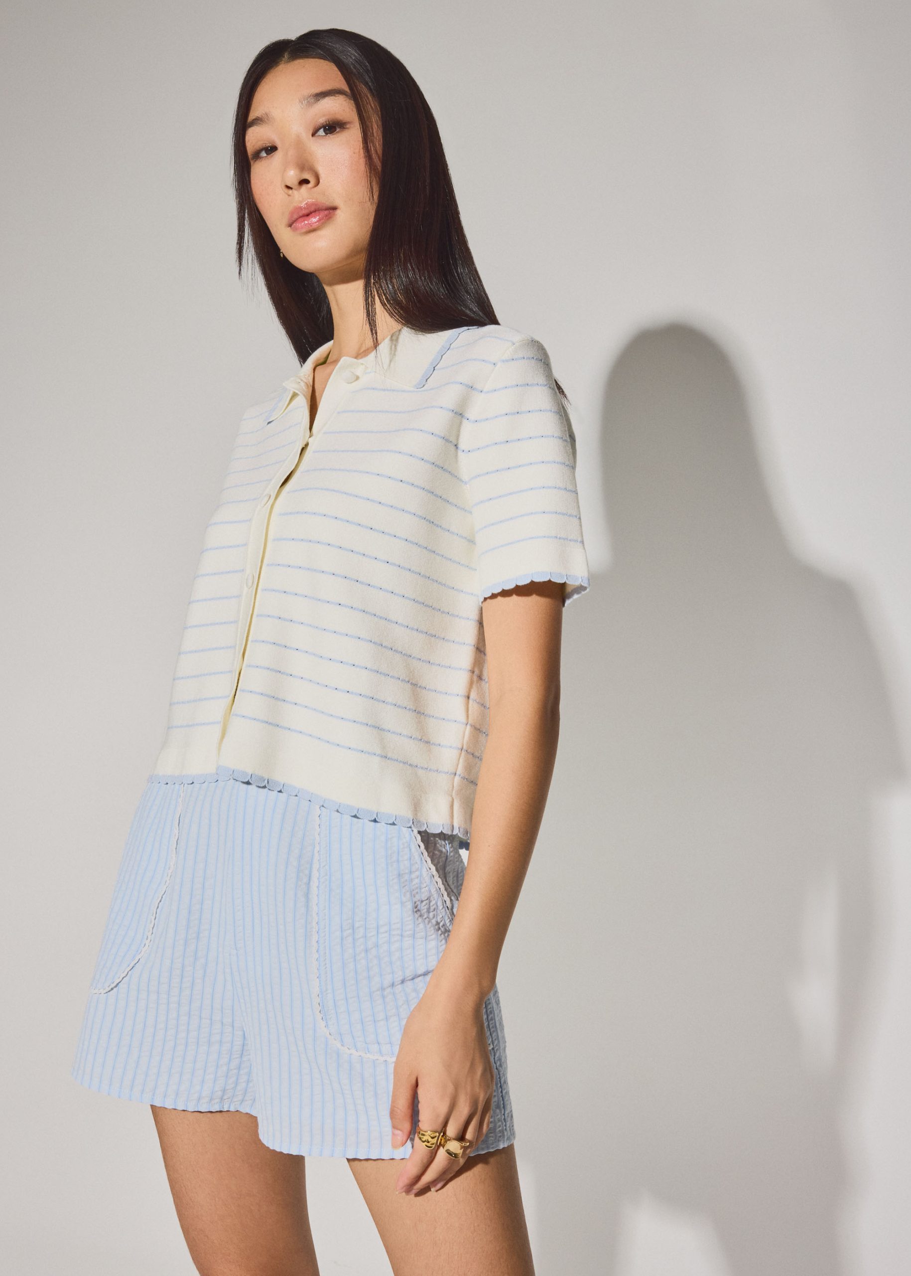 Relaxed Striped Knit Collared Button Down Top - Image 3