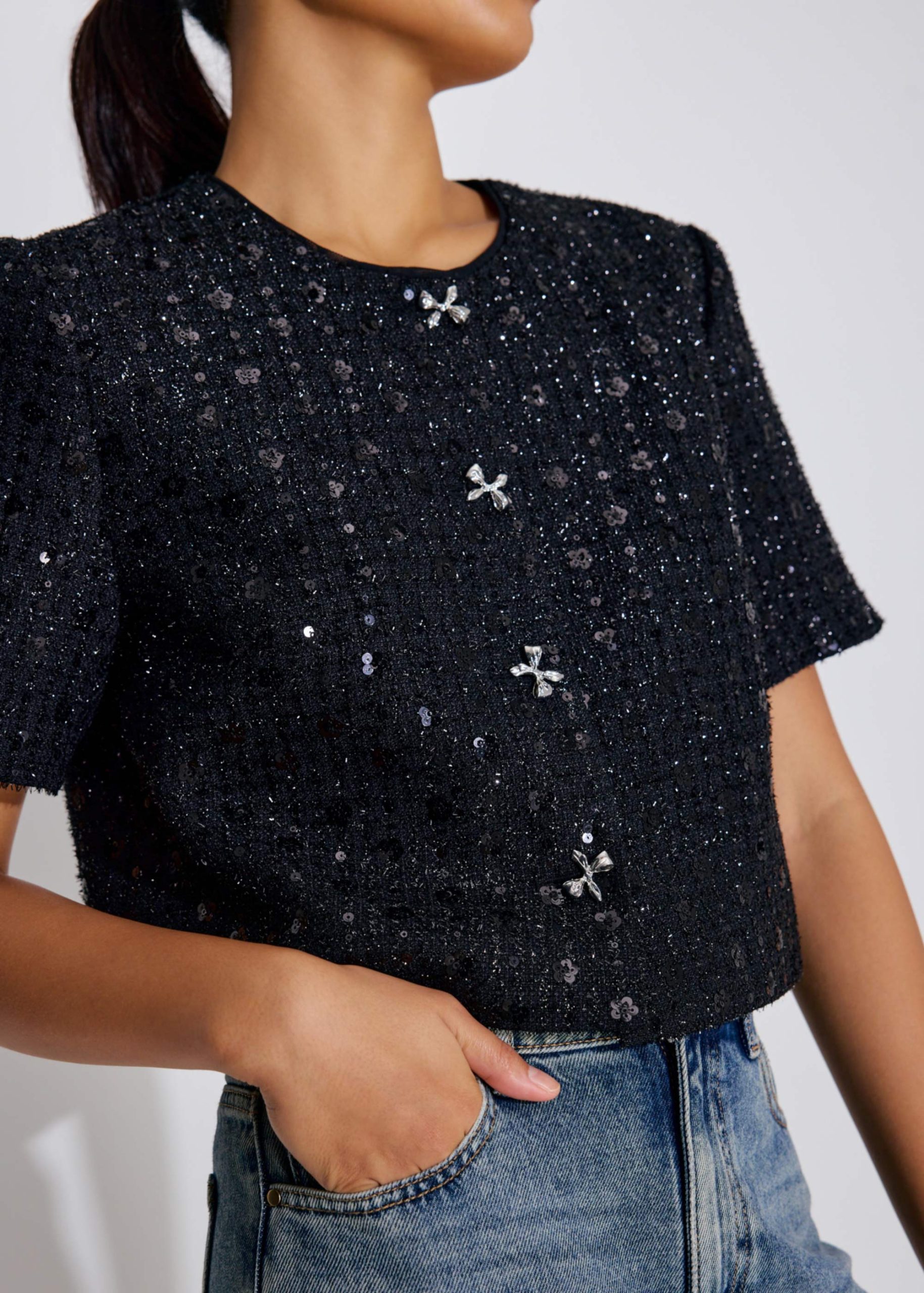 Meiyan Sequin Tweed Round Neck Boxy Button Down Crop Top - Image 3