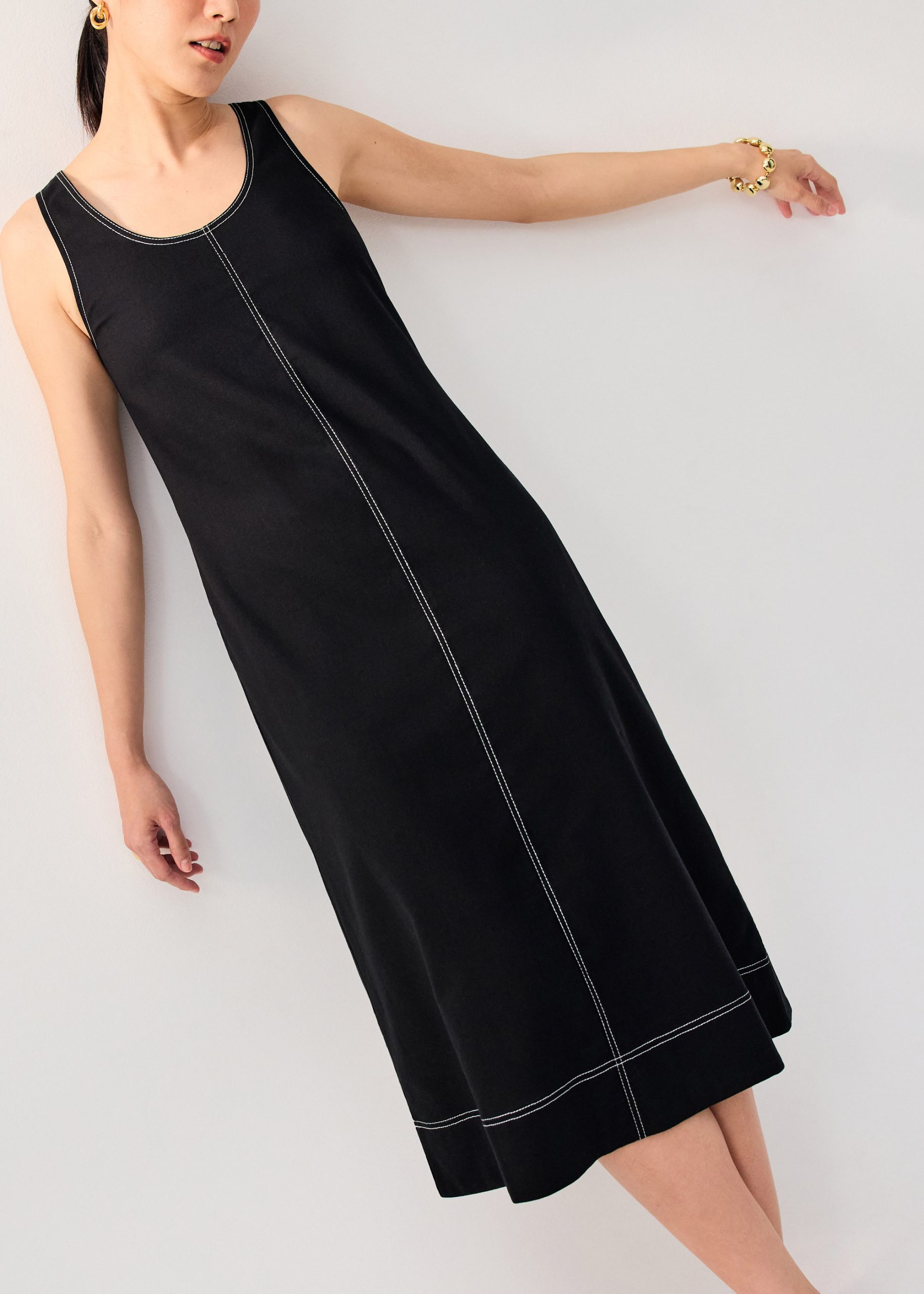 Contrast Stitch Cotton Scoop Neck A-Line Midi Dress - Image 11