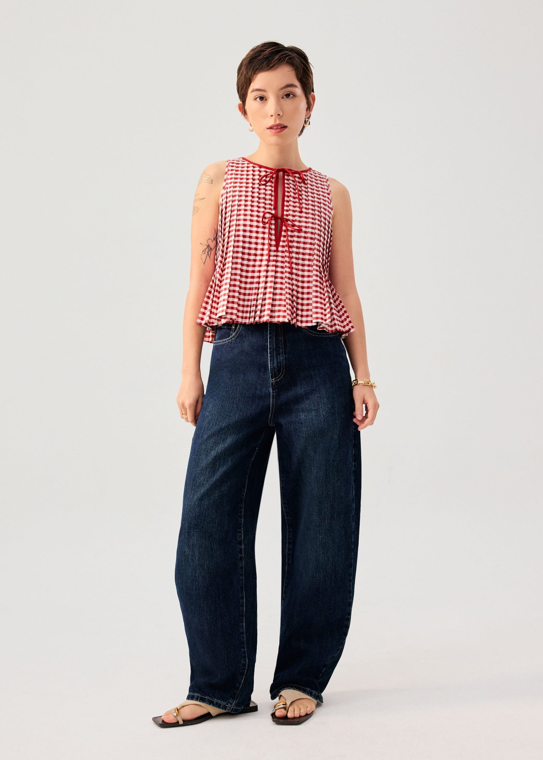 Gingham Cotton Pleated Front Tie Round Neck Babydoll Top - Image 5