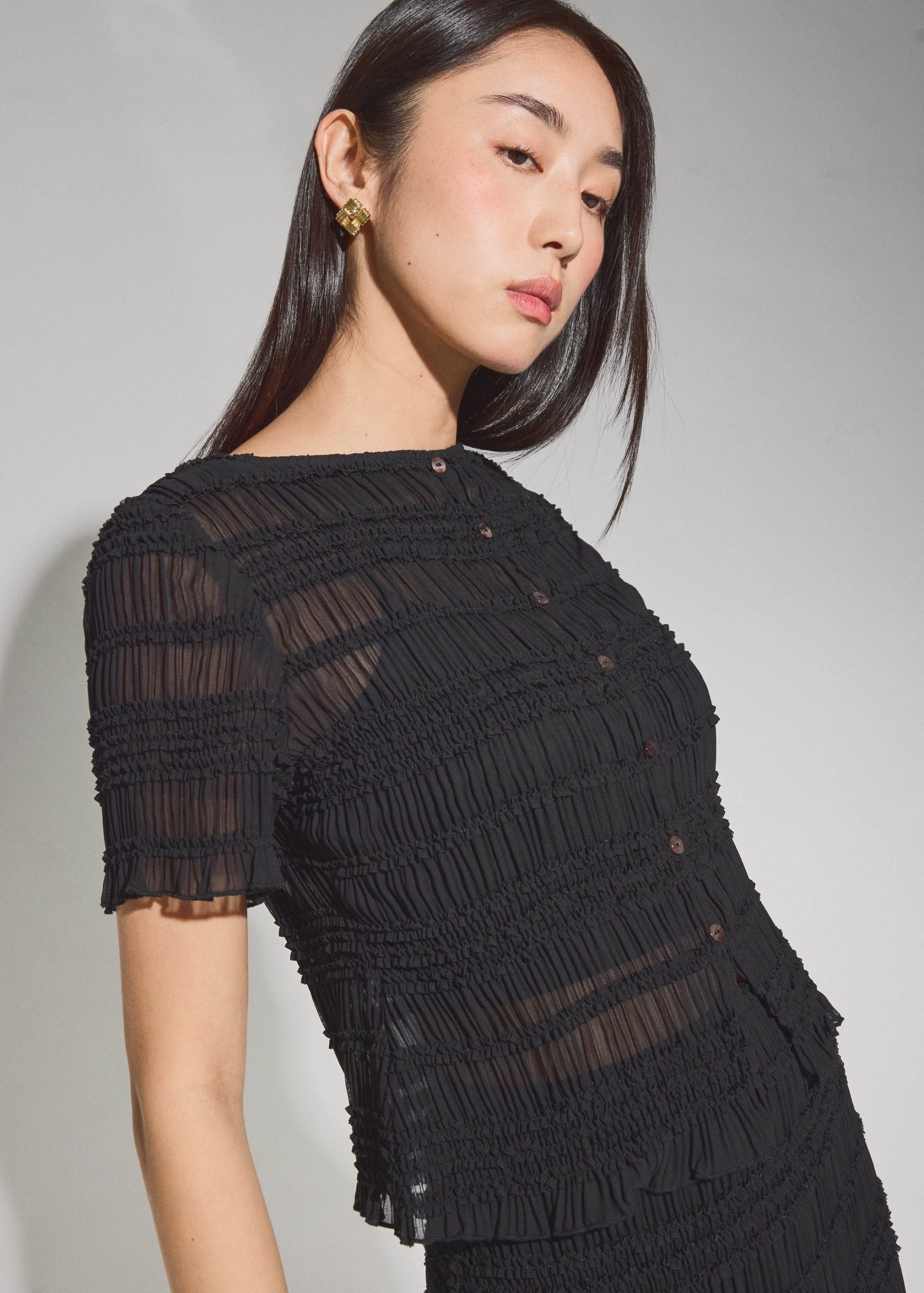Sheer Crinkled Boat Neck Fitted Button Down Top - Image 2