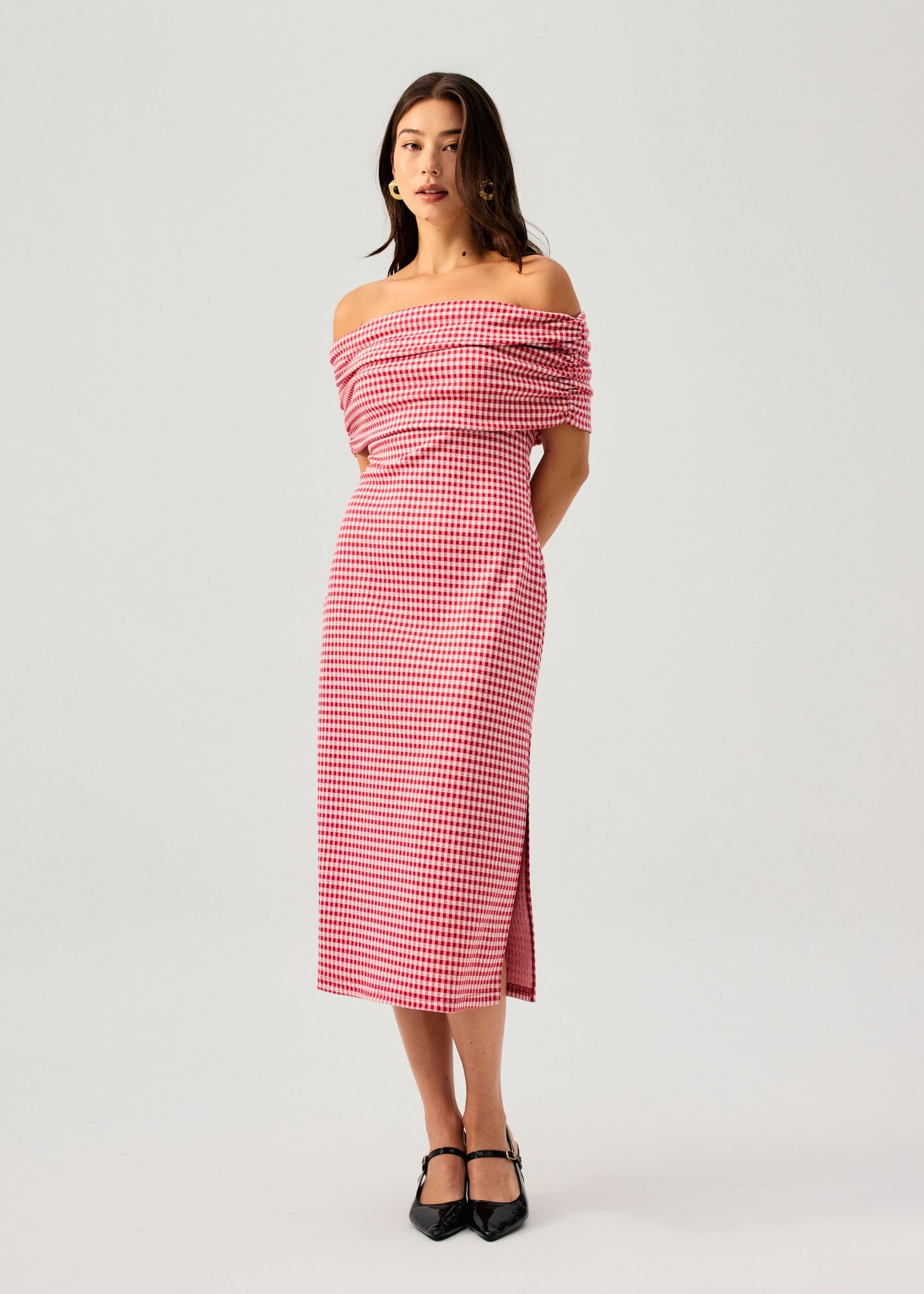 Gingham Jersey Off-Shoulder Column Midaxi Dress - Image 7