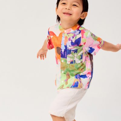 Kids' Mandarin Collar Button Down Shirt in Vivid Blooms