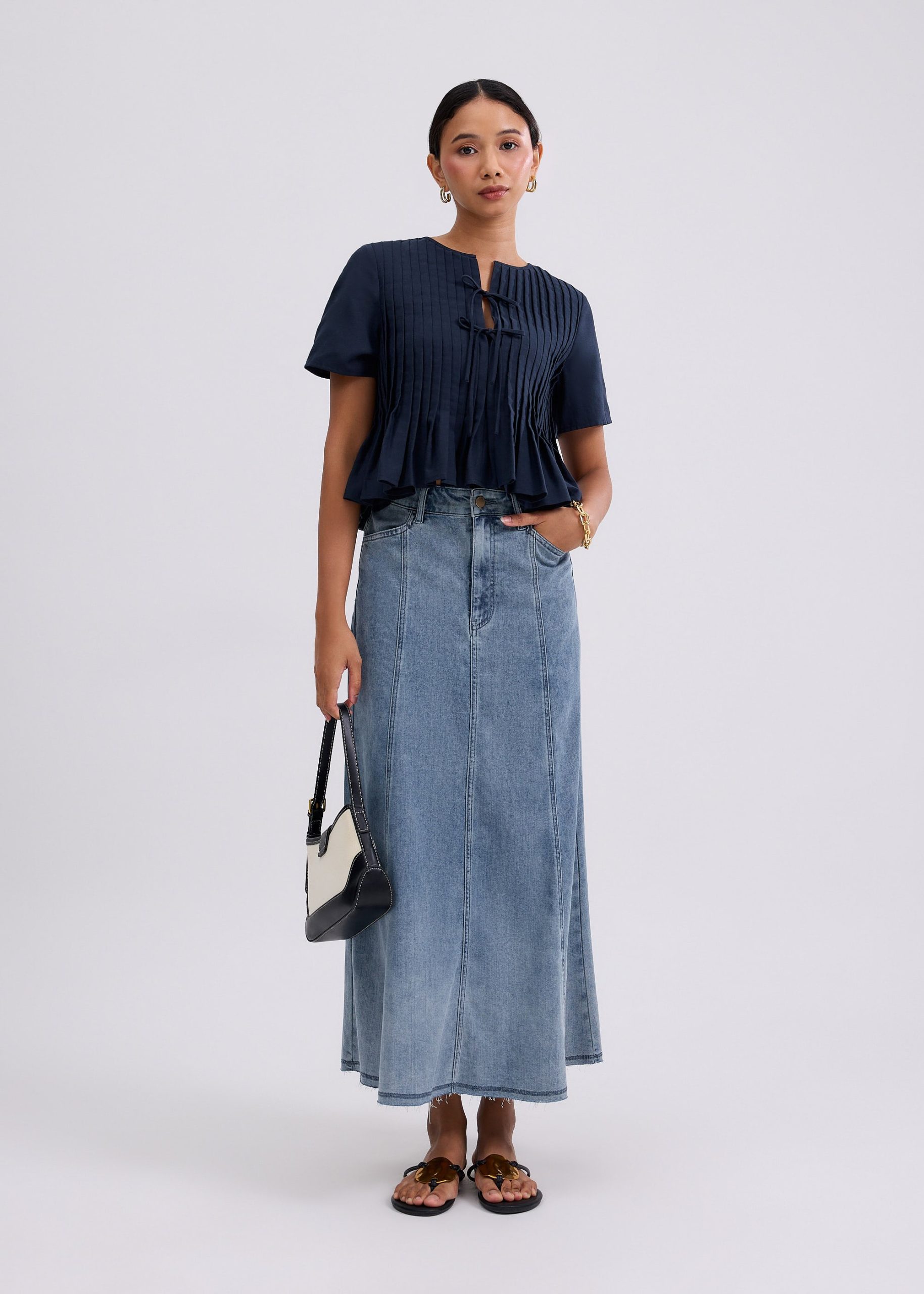 Oxford Pintuck Notched Peplum Top - Image 7