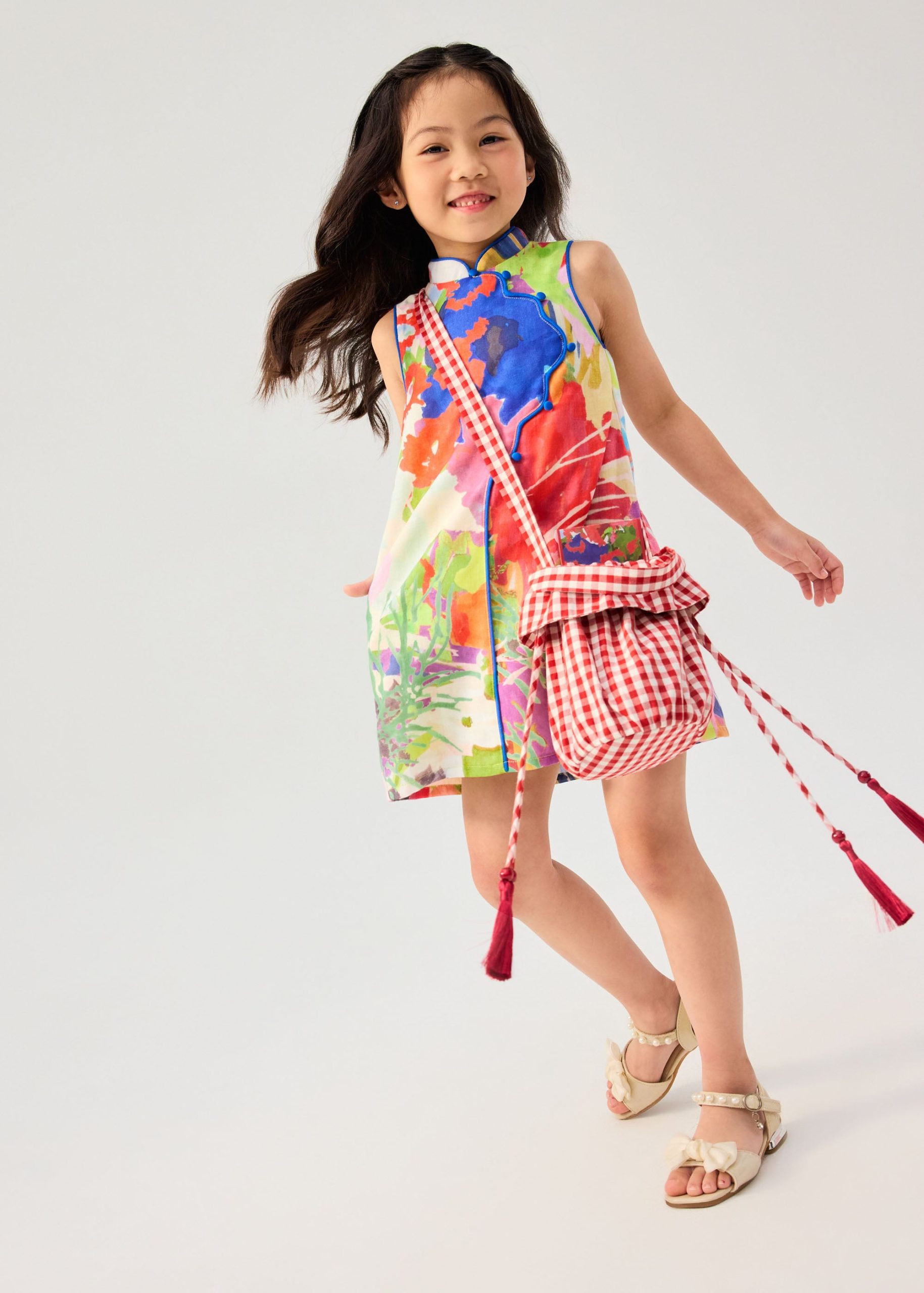 Girls' Scallop Edge Mandarin Collar Shift Midi Dress in Vivid Blooms - Image 7