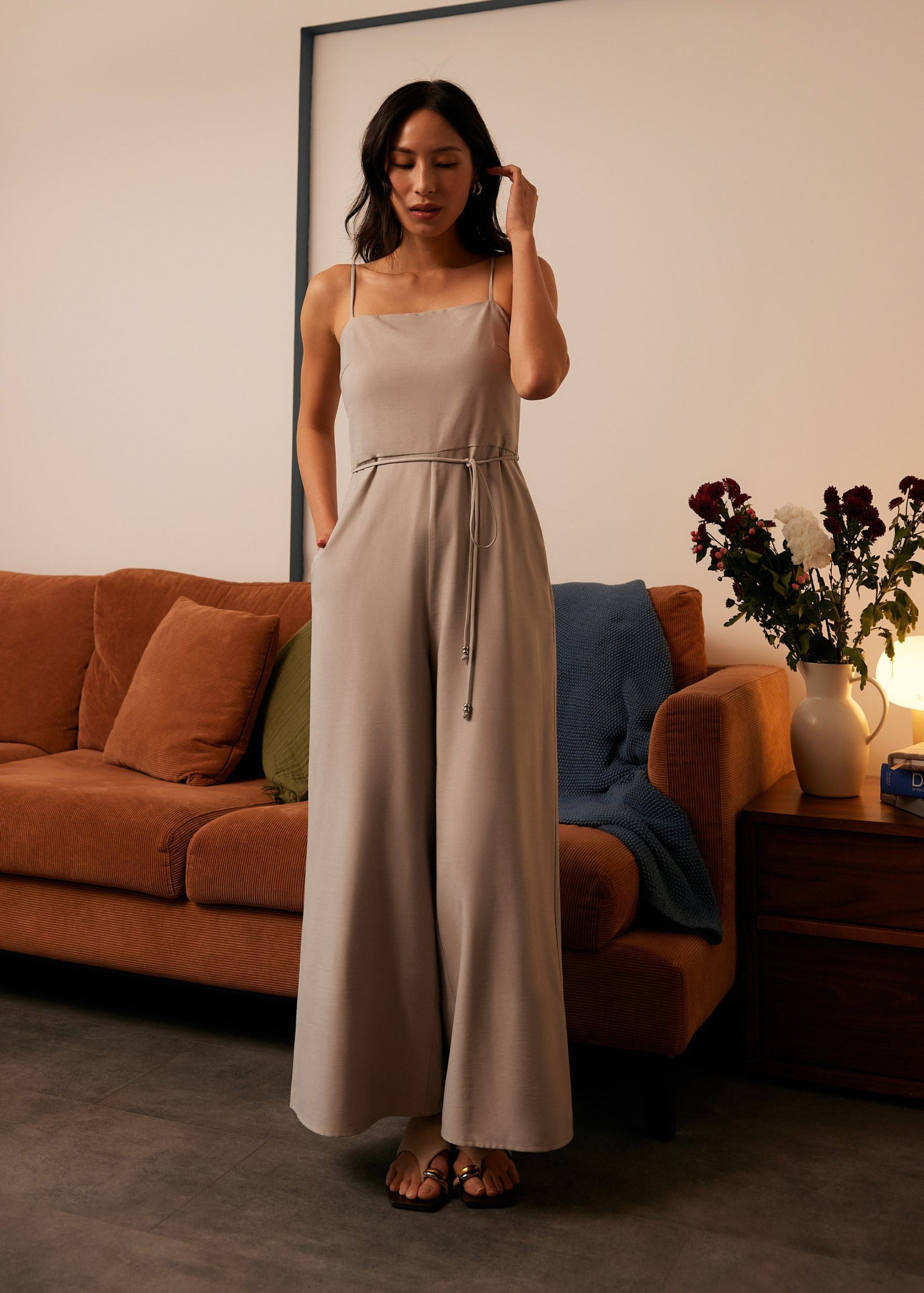 Belted Straight Neck Wide Leg Jumpsuit - Image 7