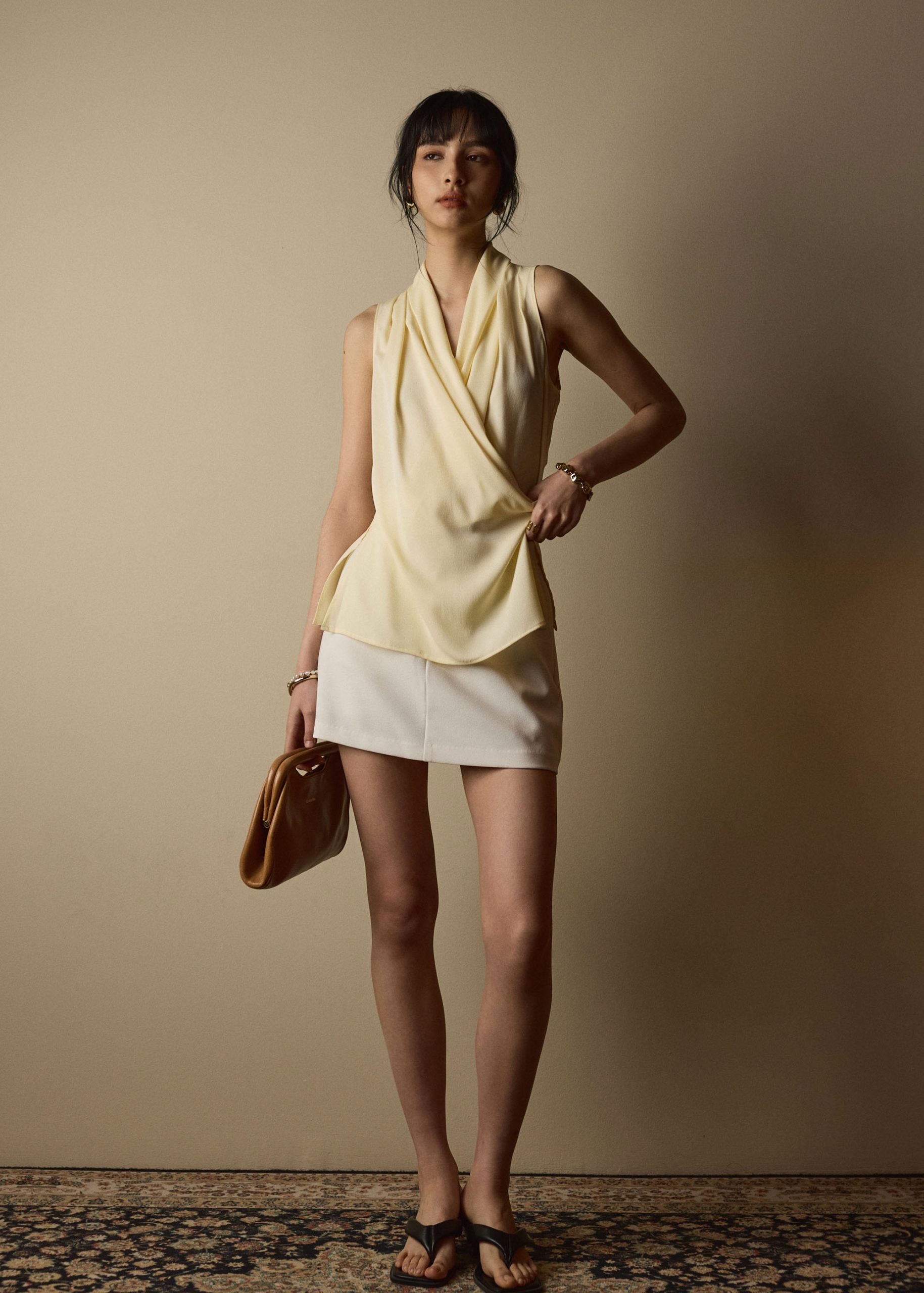 Krystal Crepe Satin Draped V-neck Top - Image 19