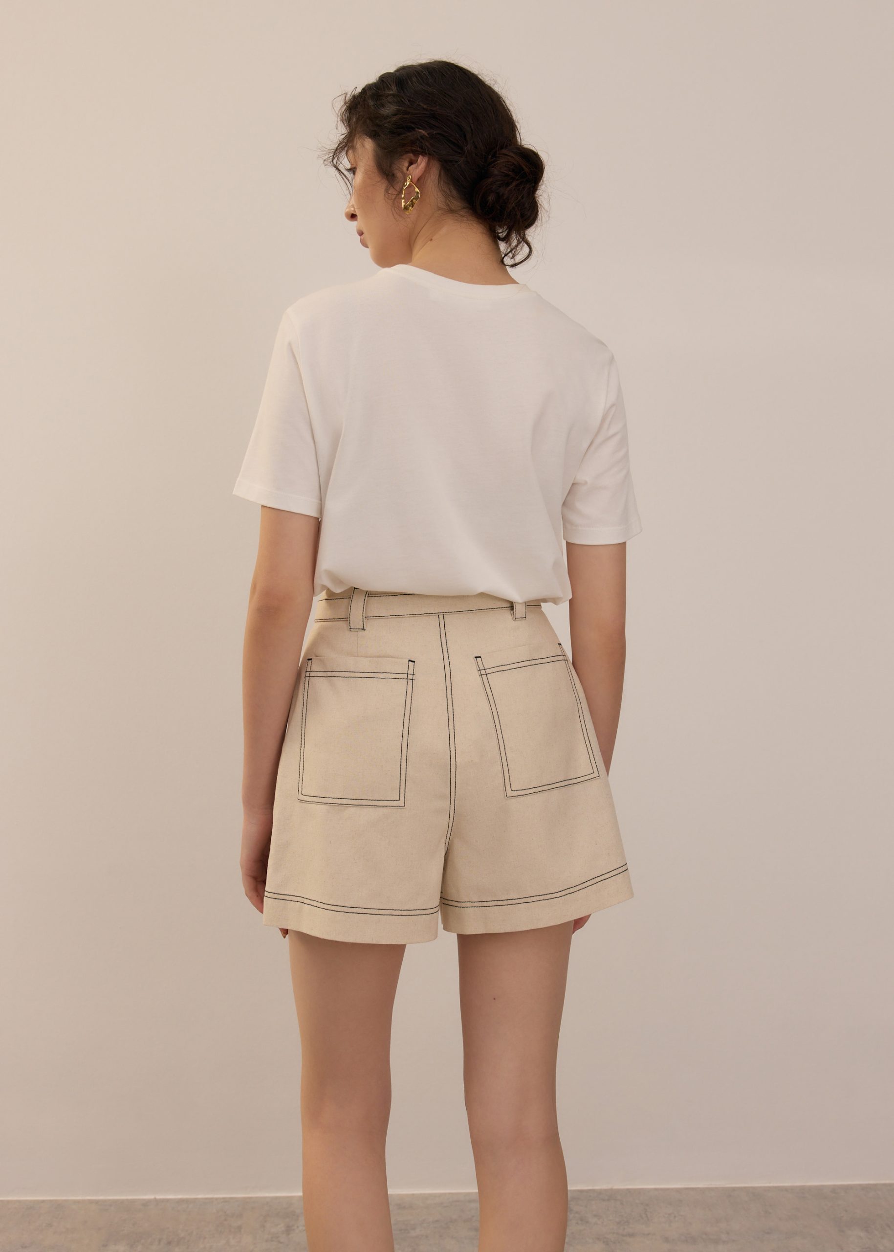 Belted Contrast Stitch High Waist Shorts - Image 38