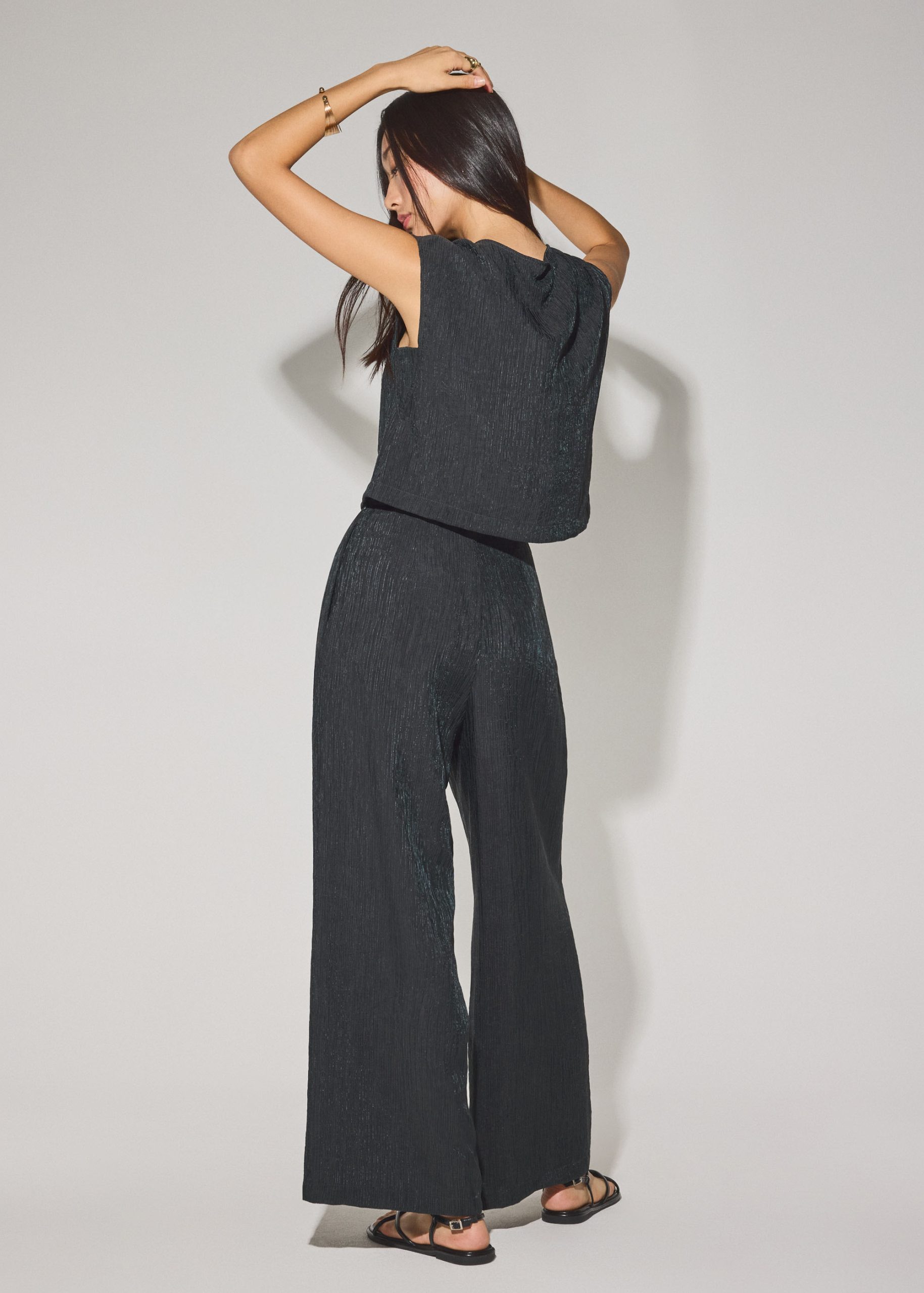 Elastic Textured Lyocell Mid Waist Straight Leg Pants - Image 5