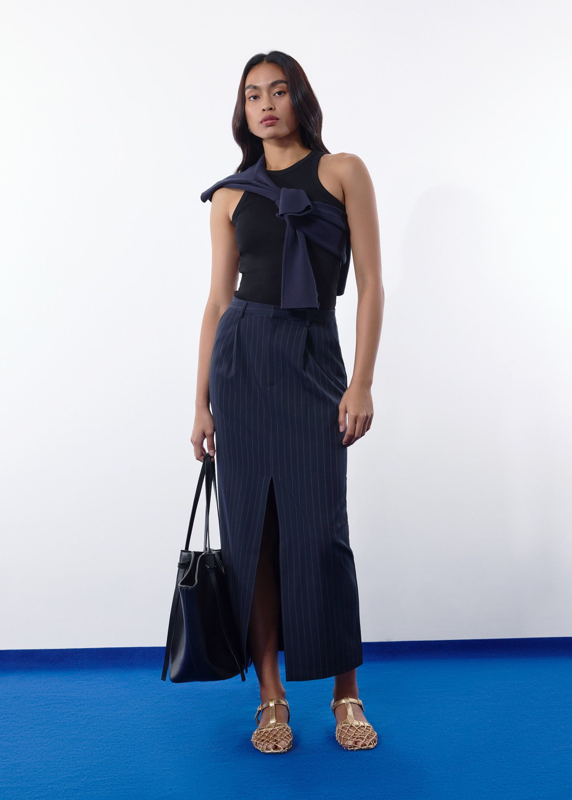 Blake Tailored Pinstripe Front Slit Column Maxi Skirt - Image 7