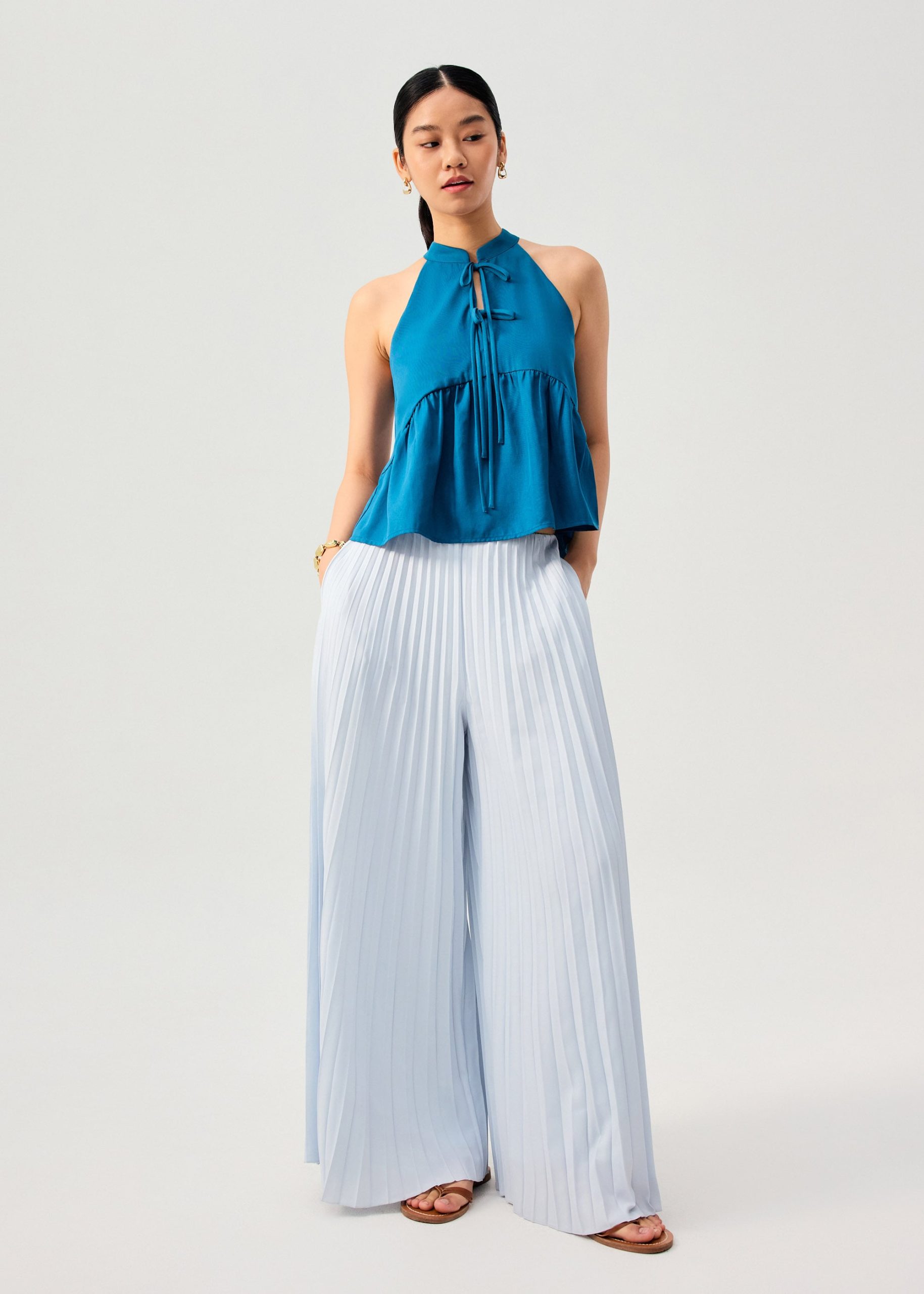 Lyocell Pleated Front Tie Mandarin Collar Peplum Shell Top - Image 21