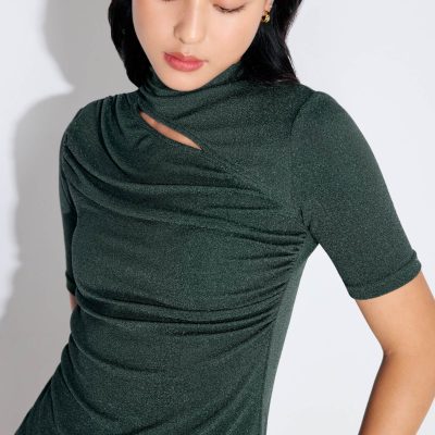 Lurex Jersey Cut Out Mock Neck Fitted Top