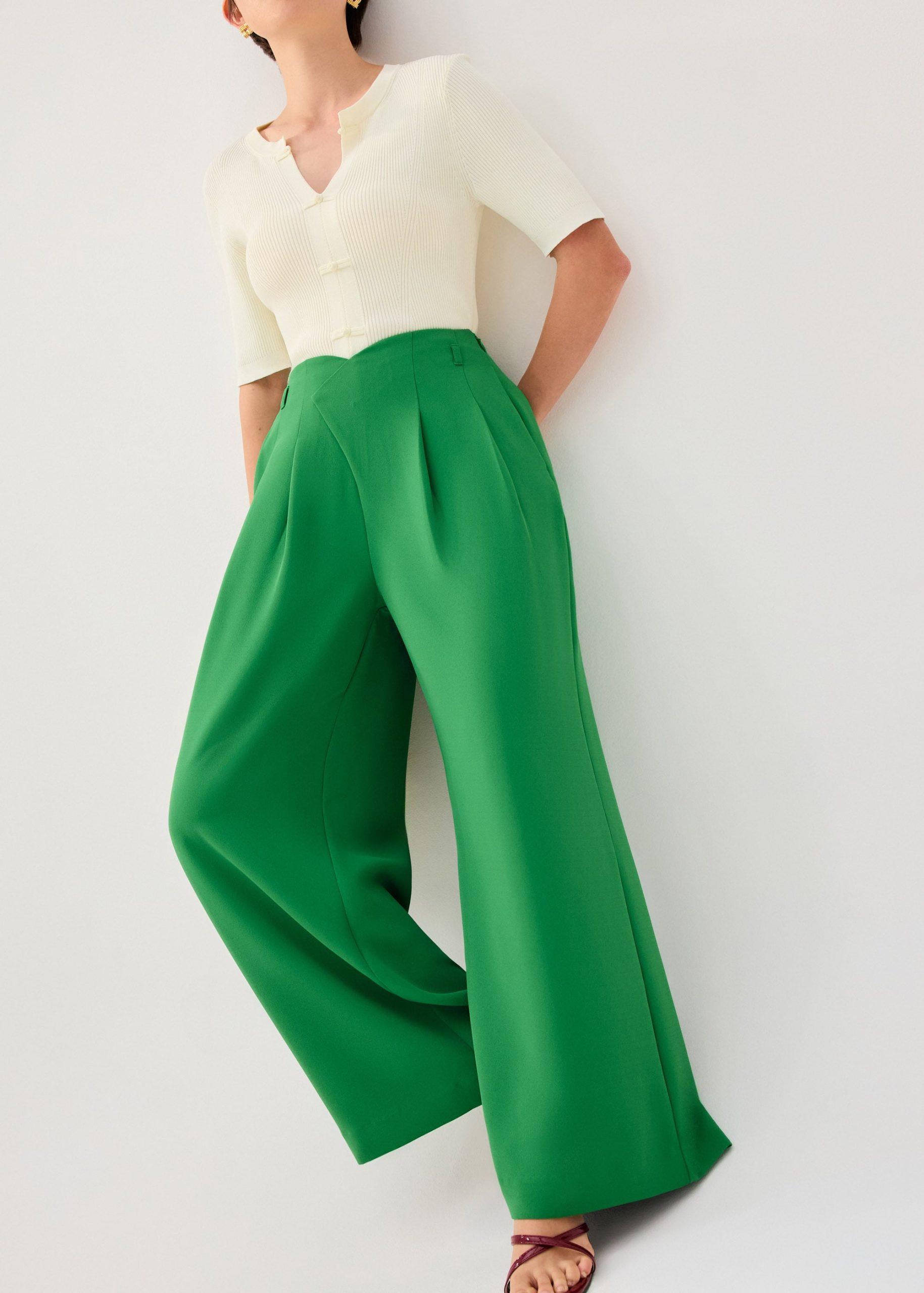 PETITE Leggy??Nadine Crepe Asymmetric Waistband Straight Leg Pants