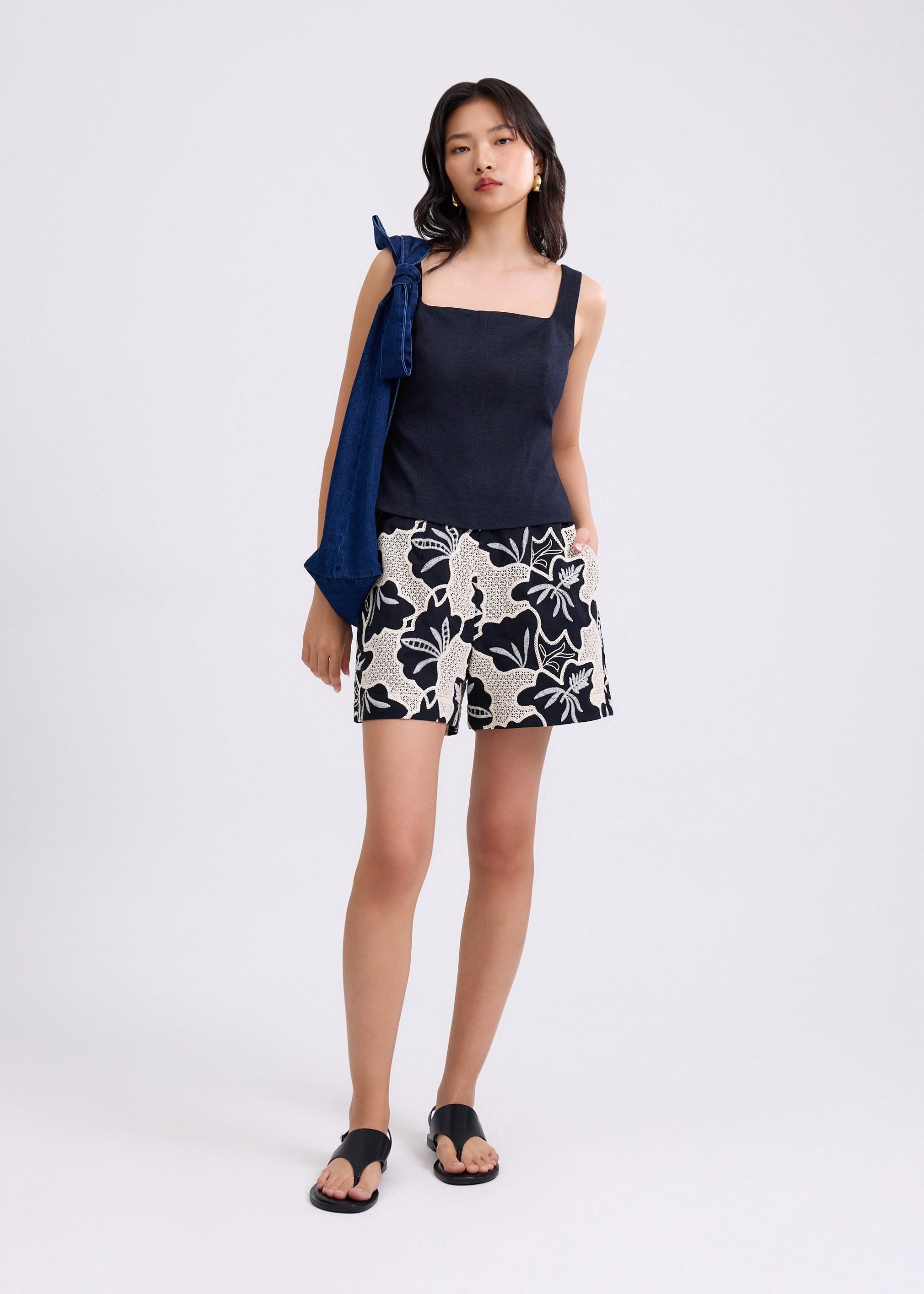 High Waist A-line Tailored Shorts in Midnight Blooms Broderie - Image 6