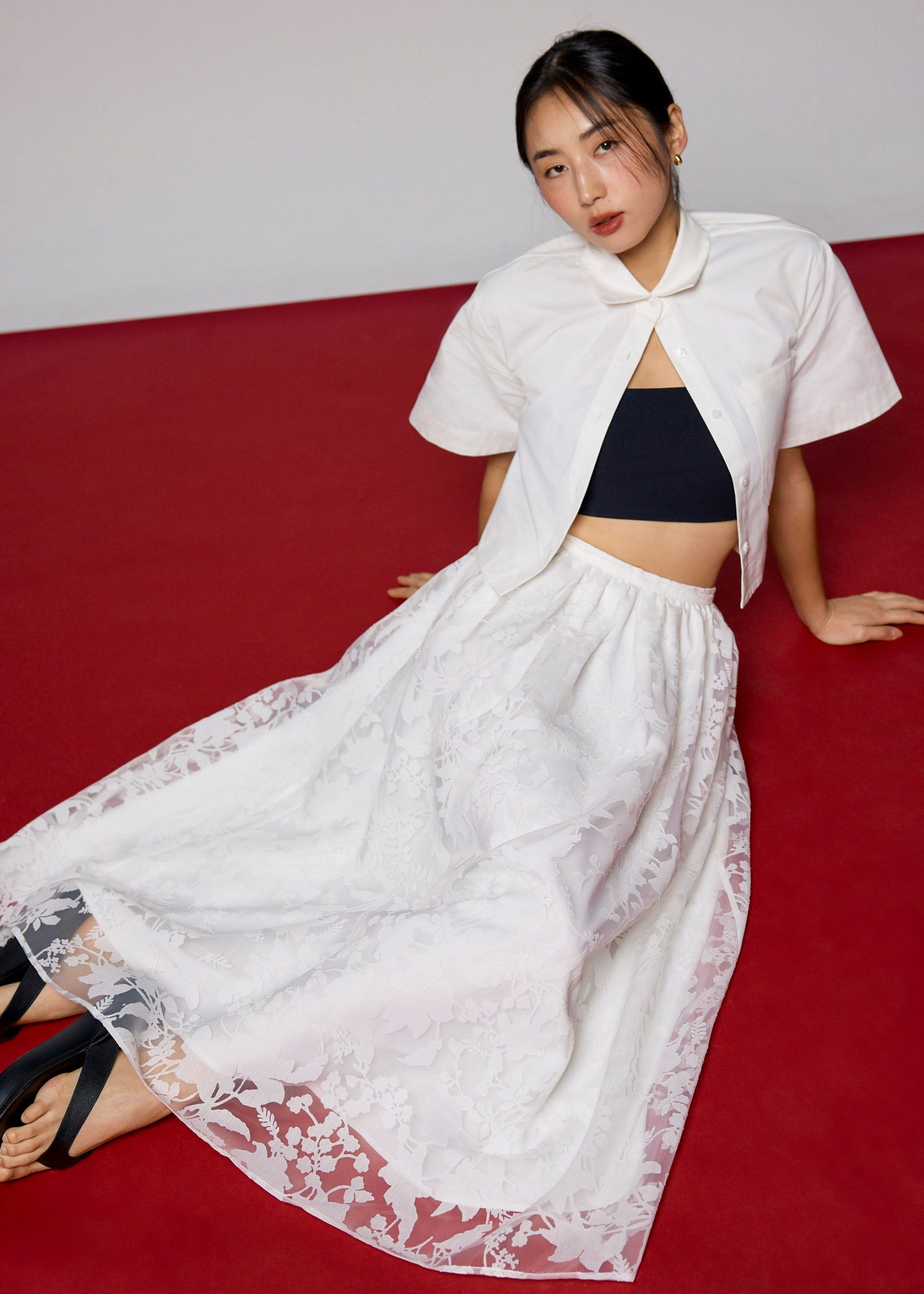 Elastic Jacquard High Waist Flare Maxi Skirt - Image 3