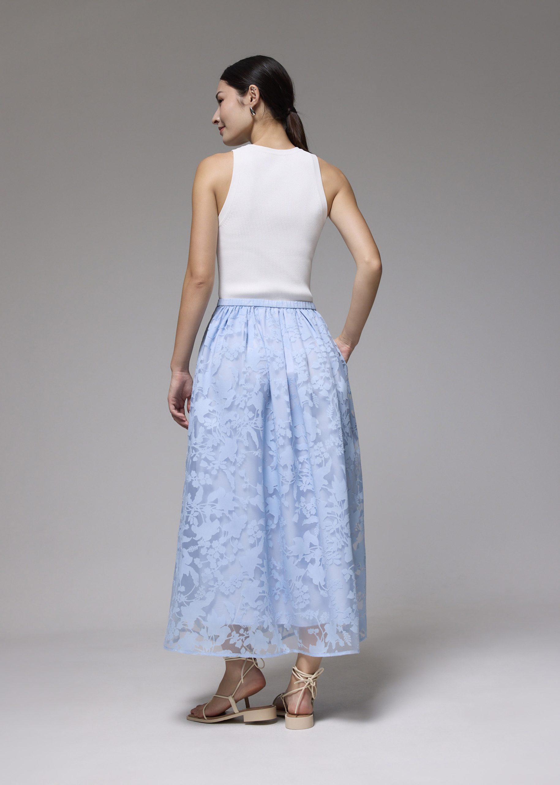 Elastic Jacquard High Waist Flare Maxi Skirt - Image 10