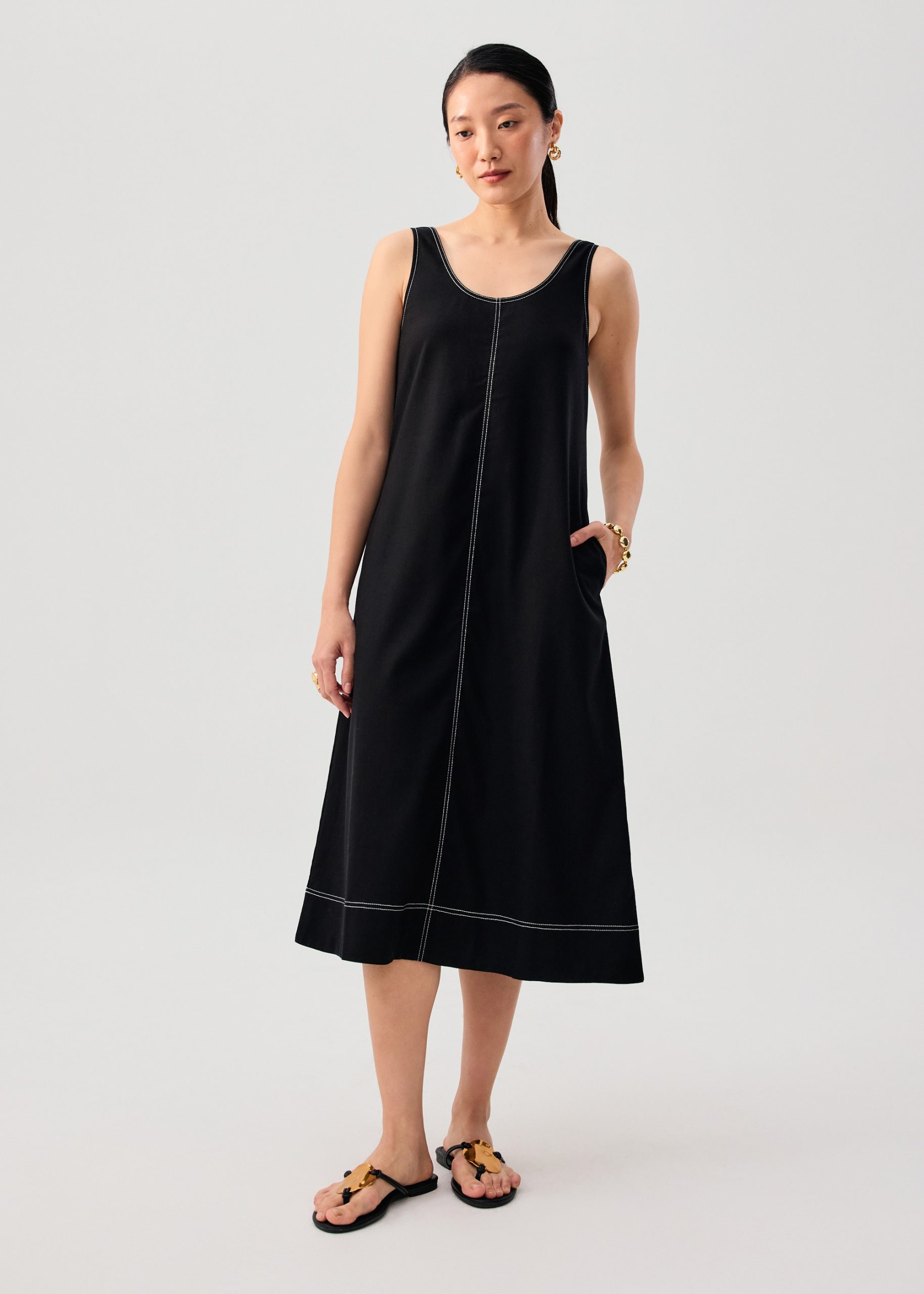Contrast Stitch Cotton Scoop Neck A-Line Midi Dress - Image 7