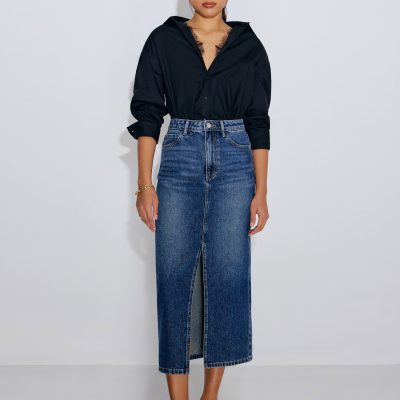 Minsi Denim Front Slit Column Midi Skirt