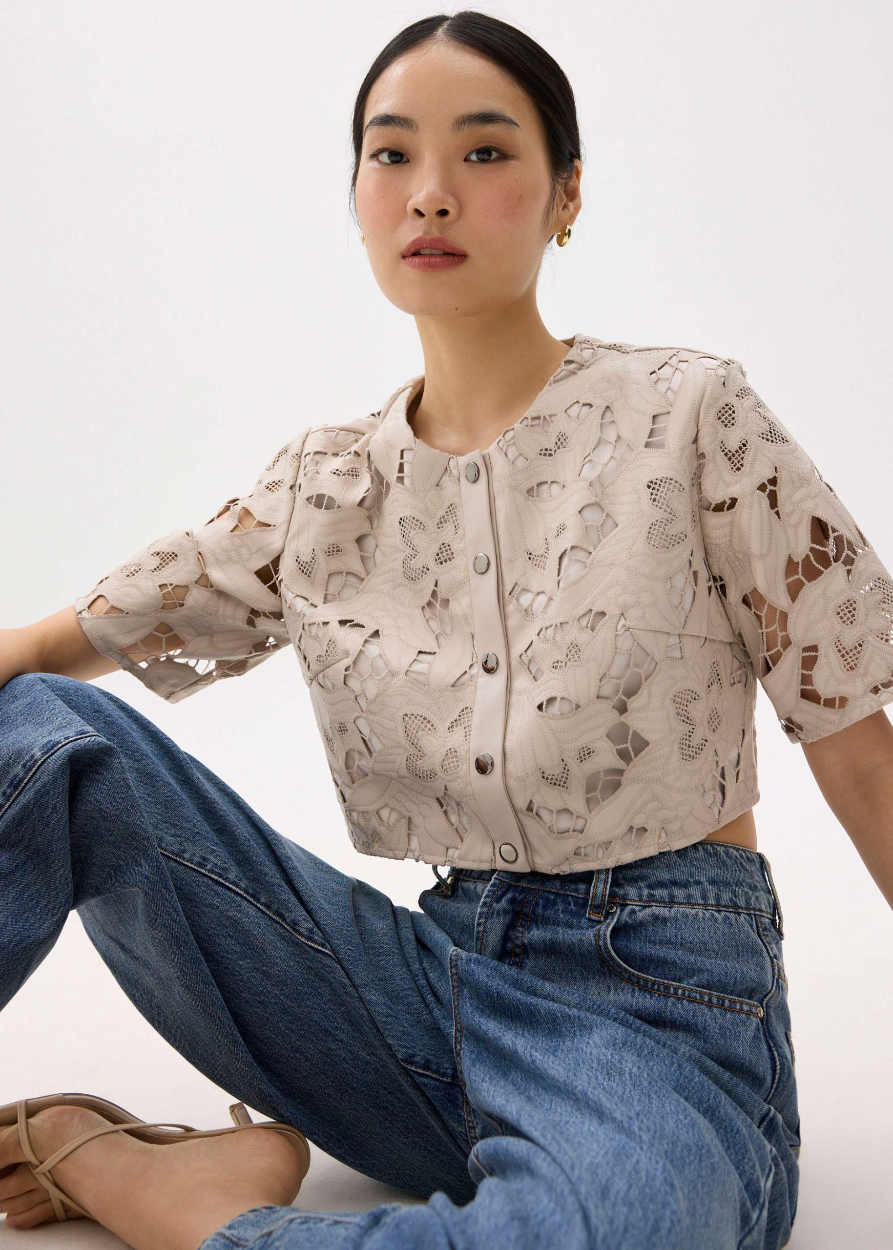 Relaxed Vegan Leather Lace Crop Top - Image 6