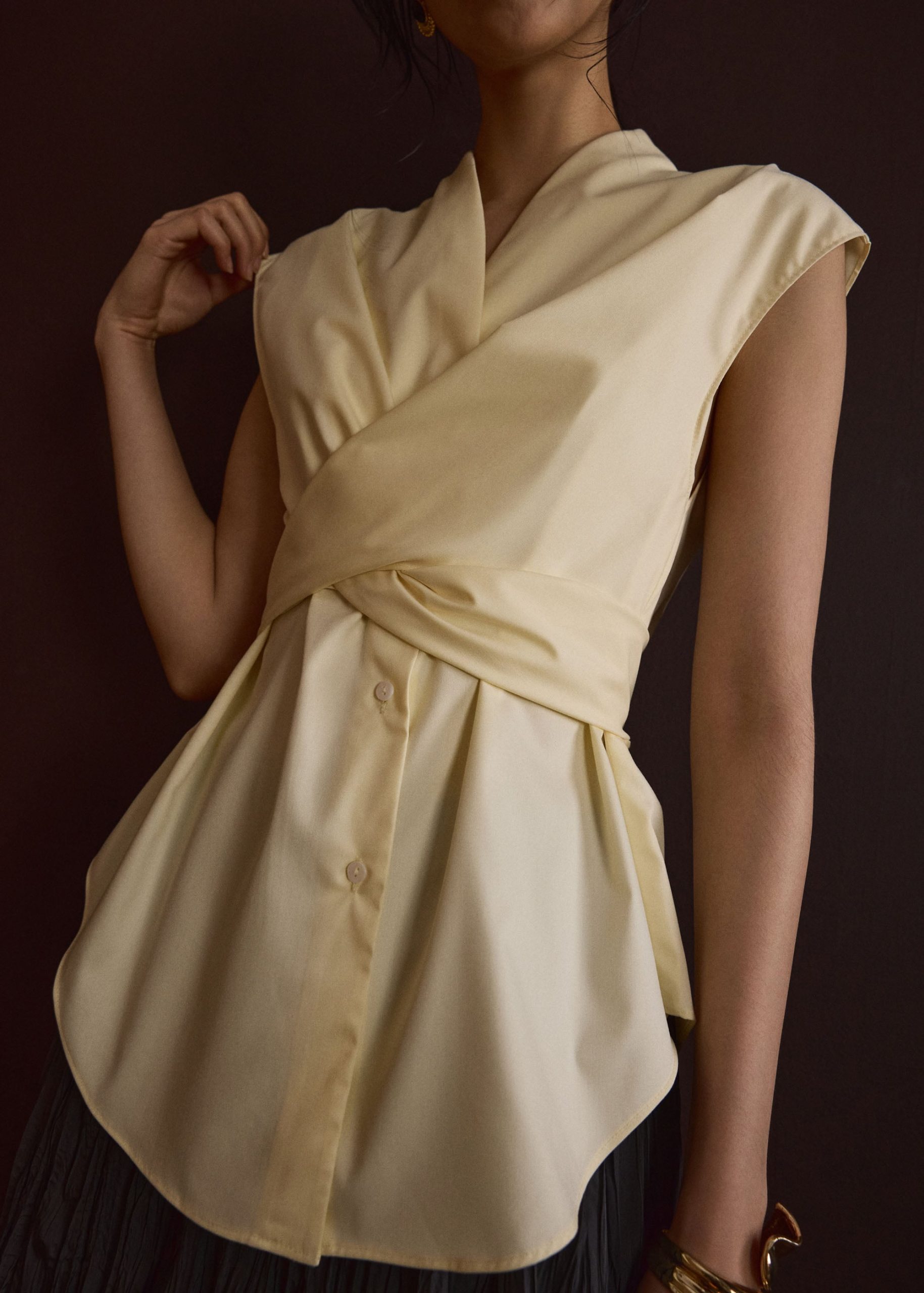 Ziyi Poplin Front Wrap Mandarin Collar Shirt - Image 17