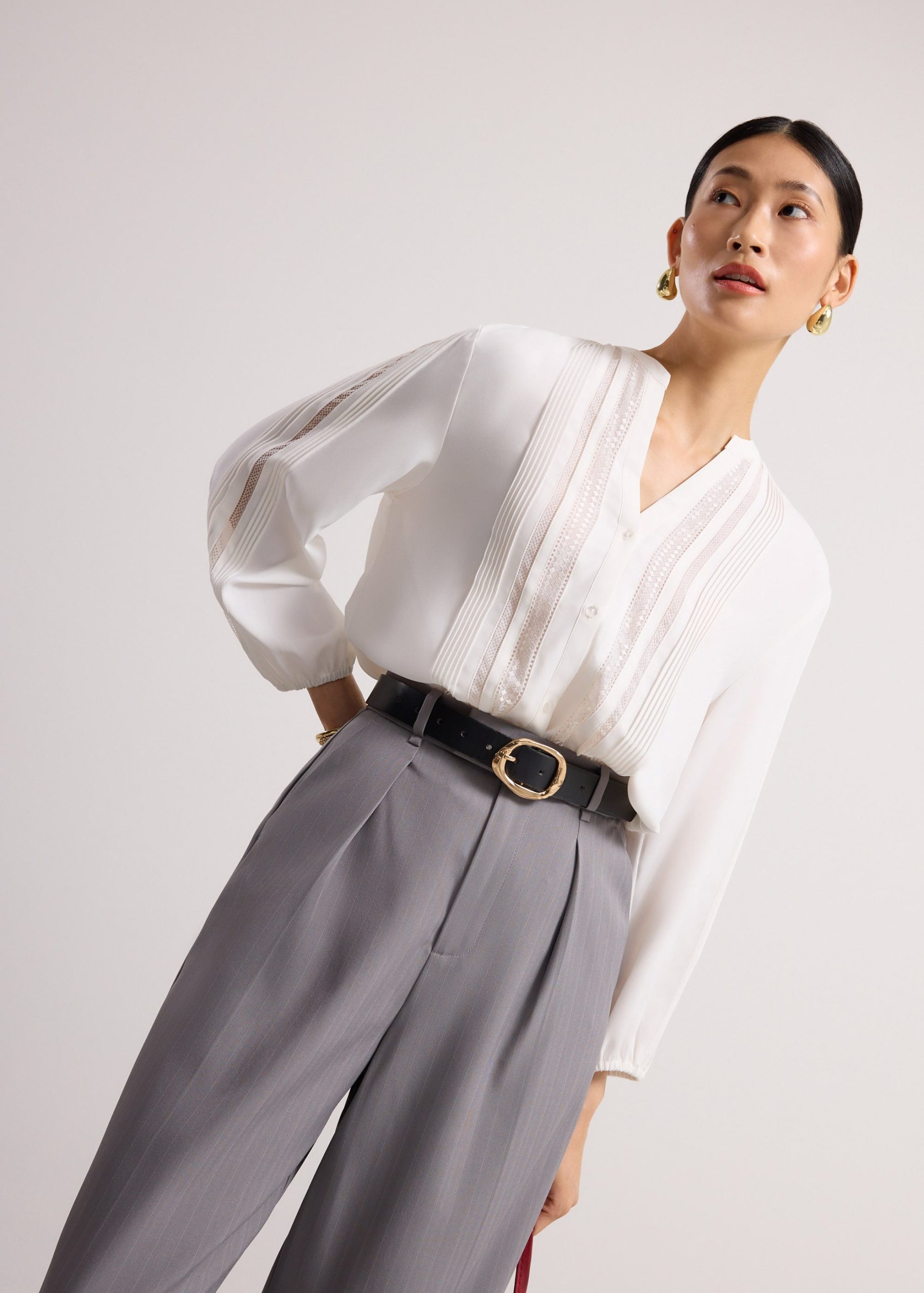 Chea Lace Trim Pintuck Button Down Blouse - Image 6