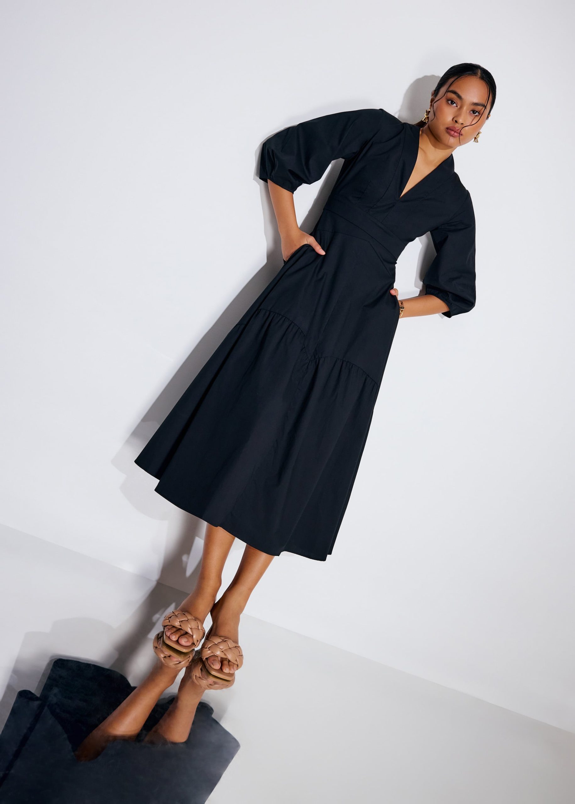 Cotton Panelled Fit & Flare Midaxi Dress - Image 2