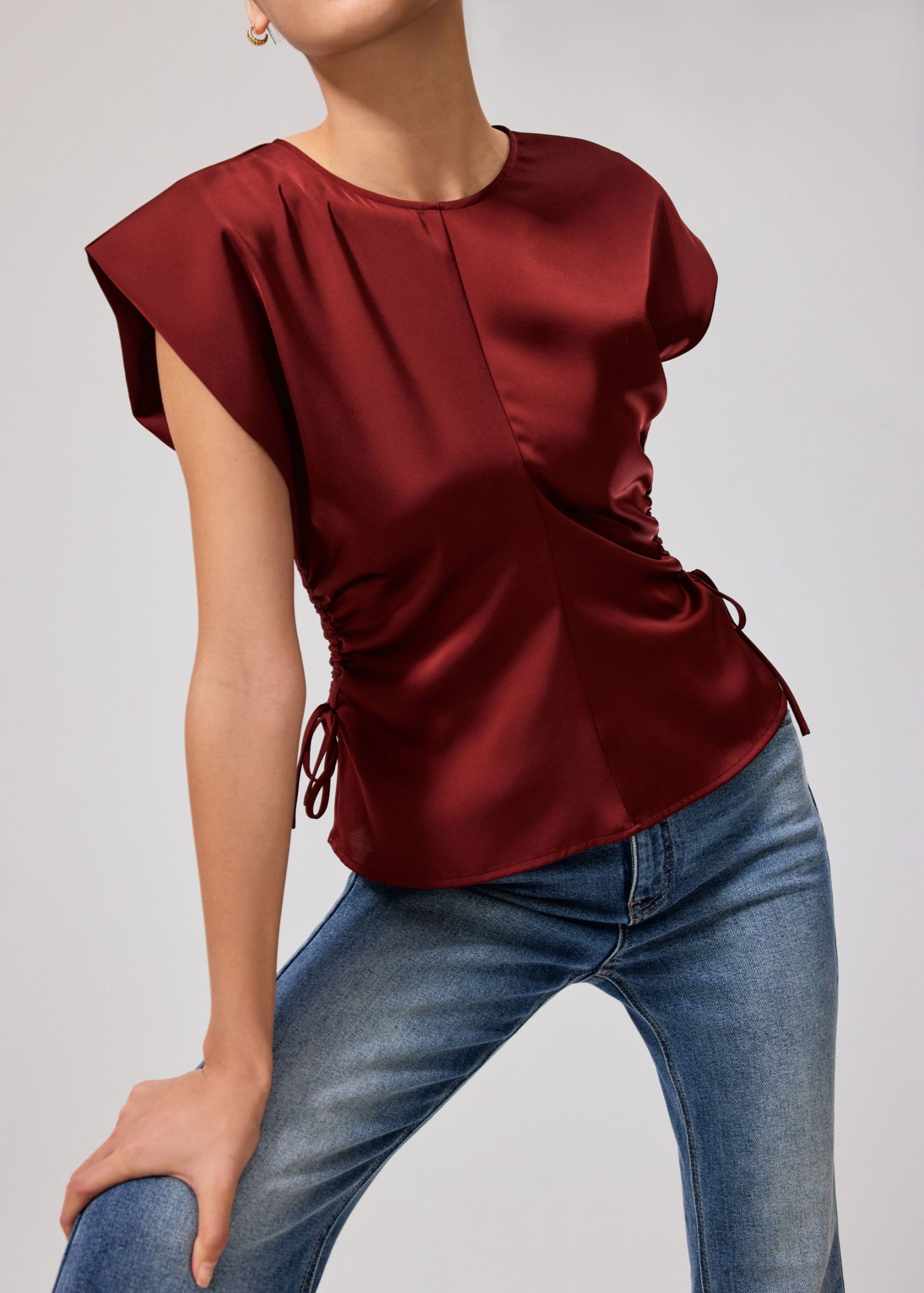 Ananya Side Ruching Satin Round Neck Top - Image 2